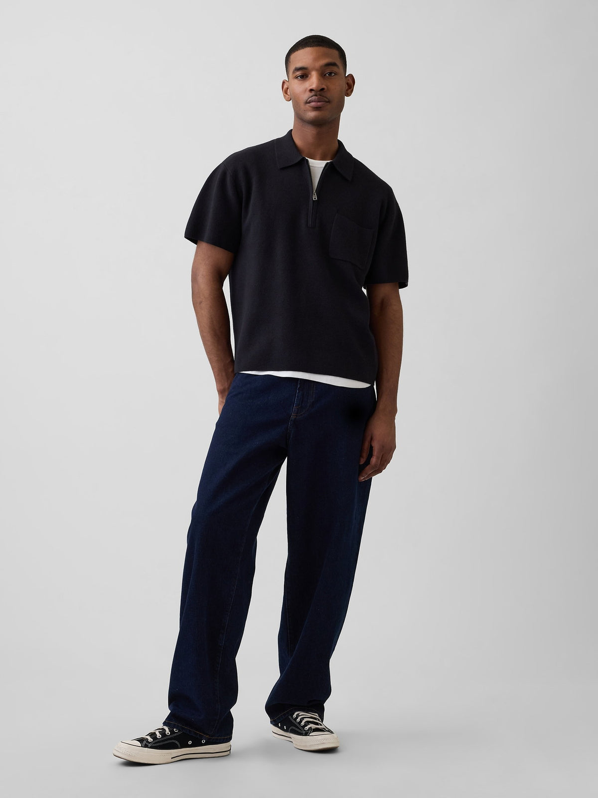 Bej Oversized Yarım Fermuarlı Cepli Triko Polo T-shirt