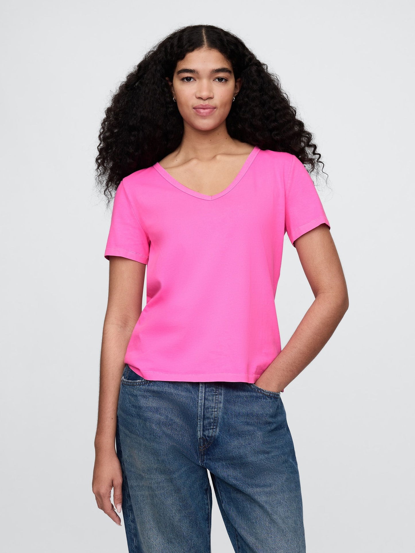 Pembe Organik Pamuk Vintage V Yaka T-Shirt