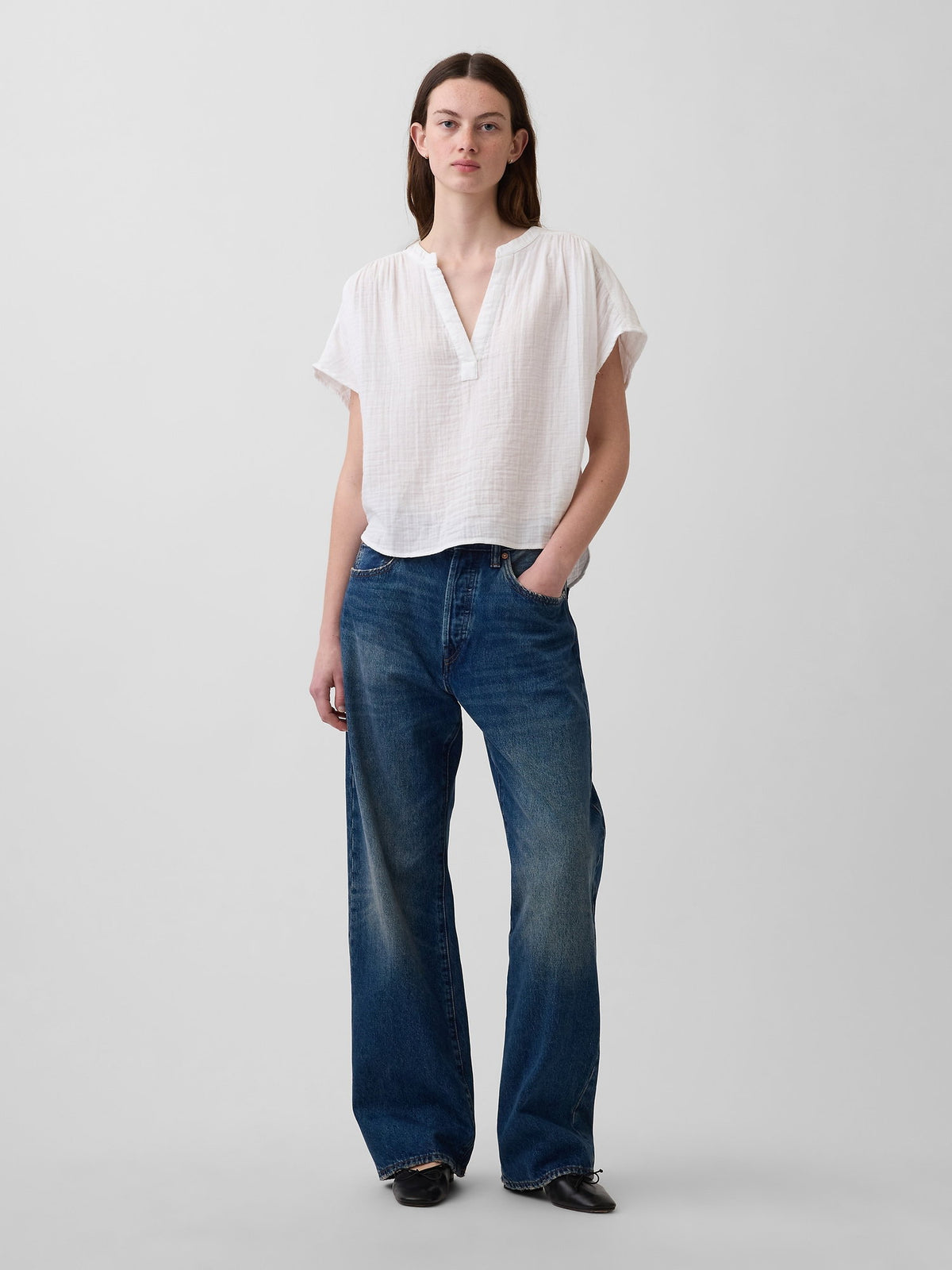 Beyaz Pamuk Gauze Oversized Split-neck Üst