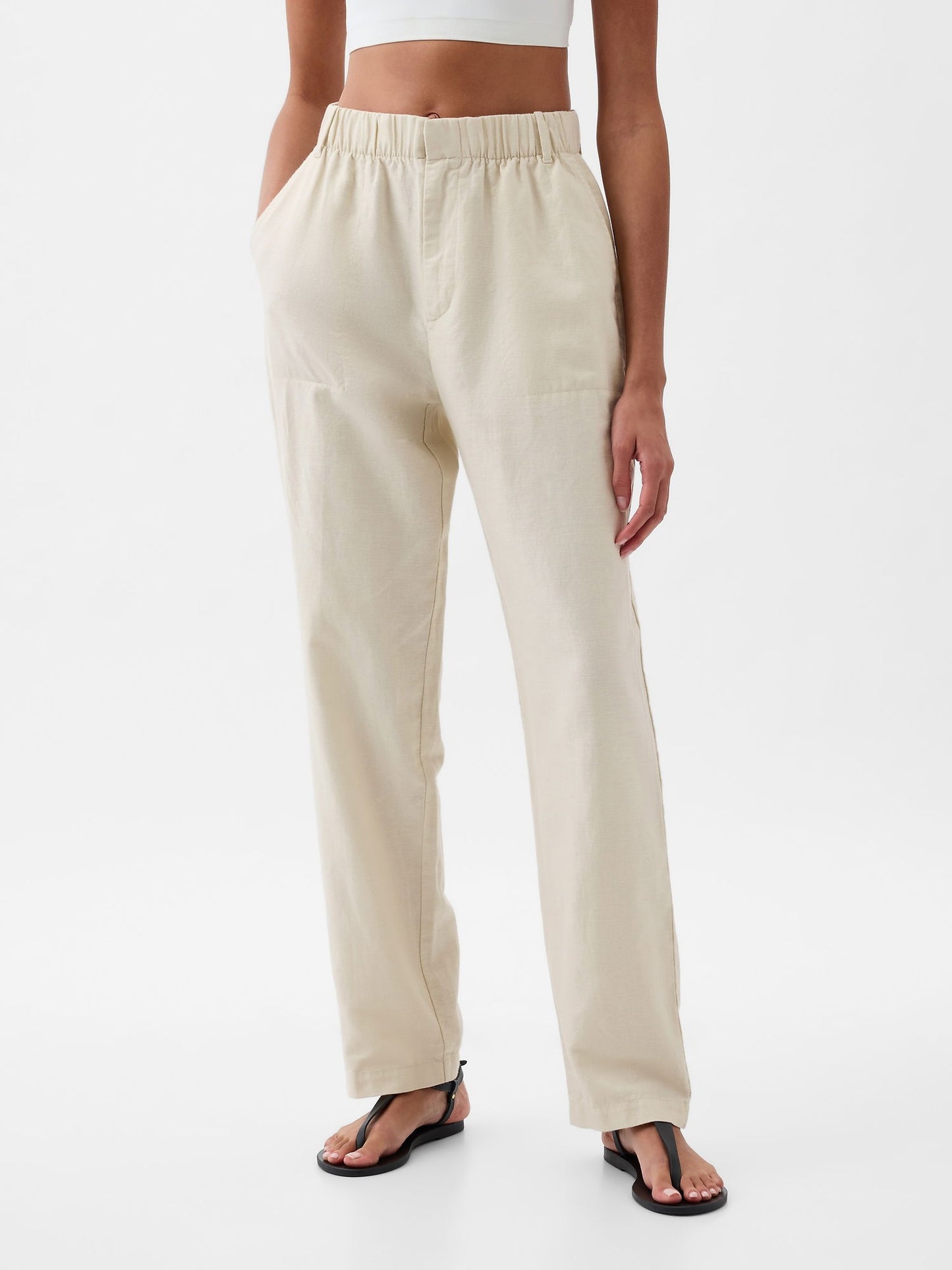 Bej High Rise Keten Karışımlı Pull-on Pantolon