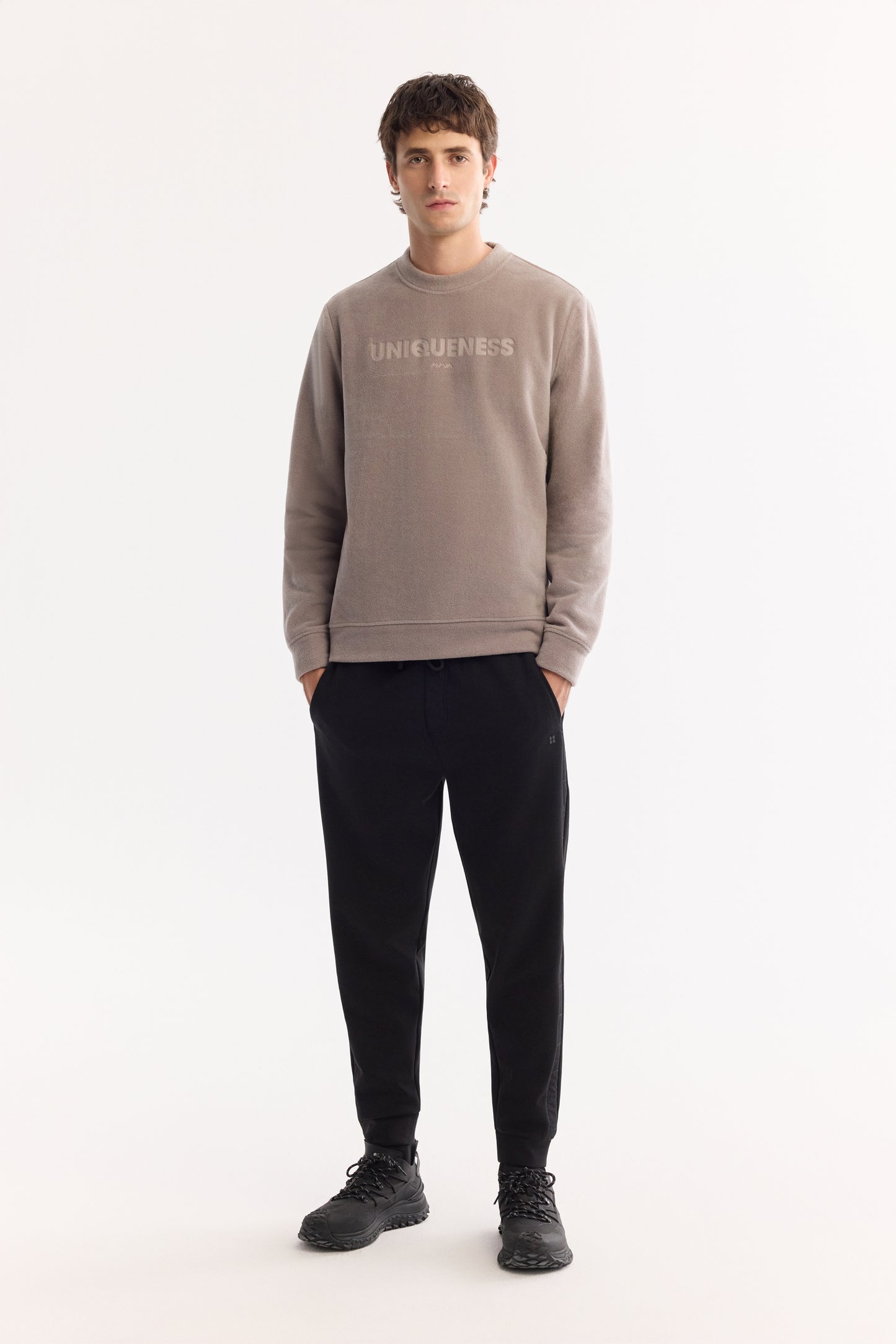 Gri Bisiklet Yaka Baskili Uzun Kol Polar Kumaş Sweatshirt