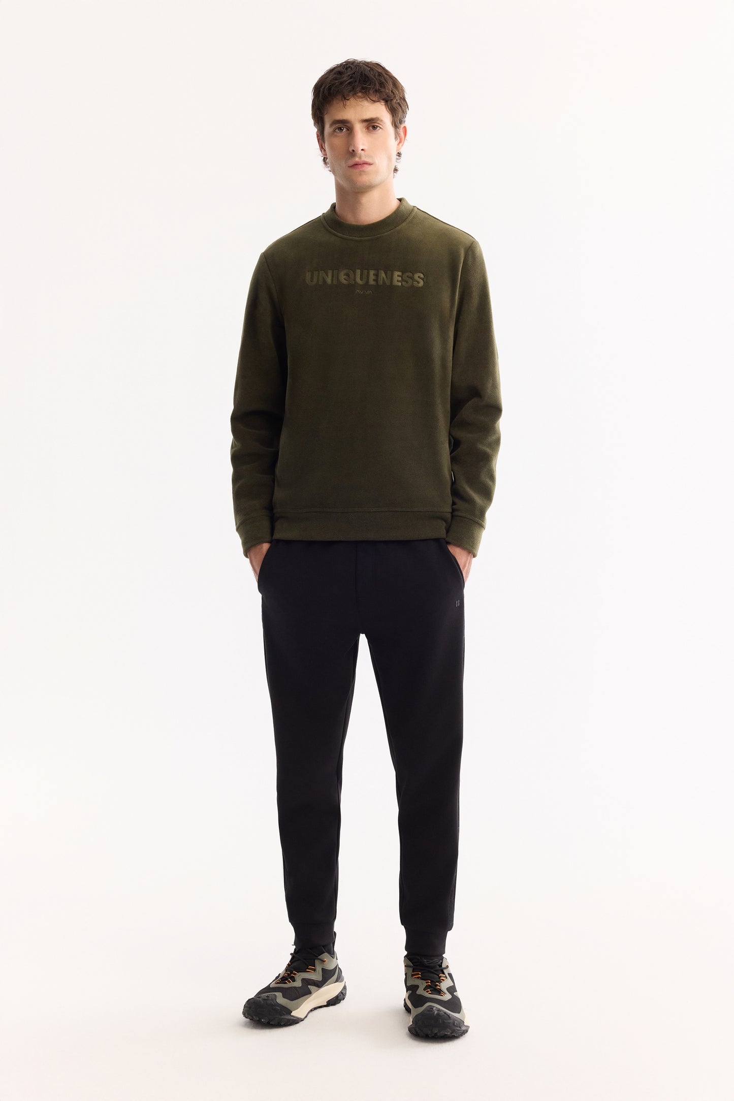 Haki Bisiklet Yaka Baskili Uzun Kol Polar Kumaş Sweatshirt