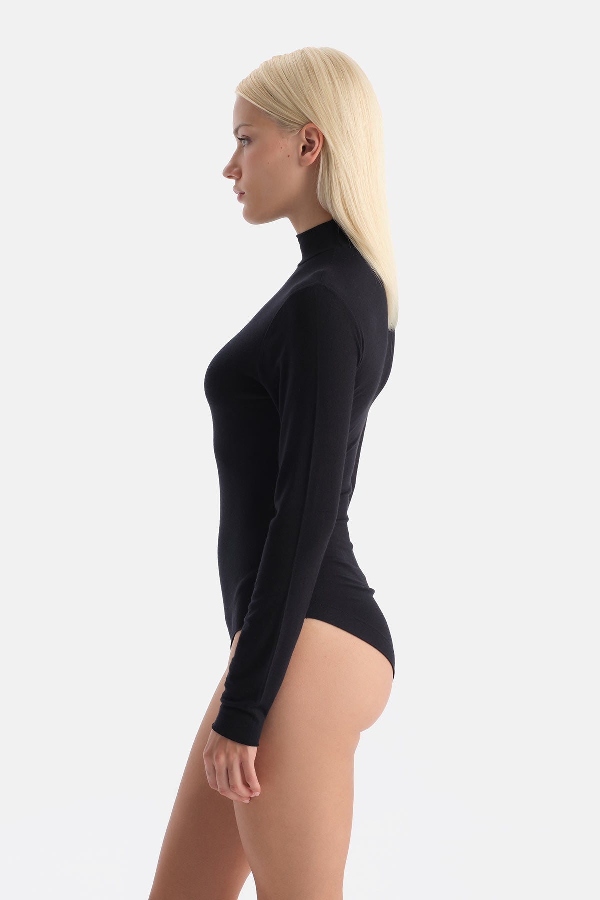 Siyah 5018kc Modal Kaşmir Uzun Kollu Balıkçı Yaka Bodysuıt