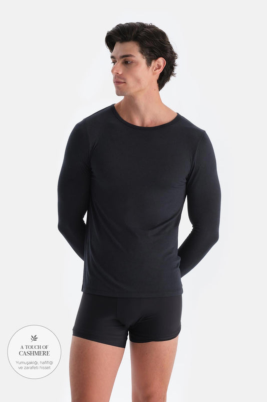 Siyah D1051 Modal Kaşmir Bisiklet Yaka Uzun Kollu Üst