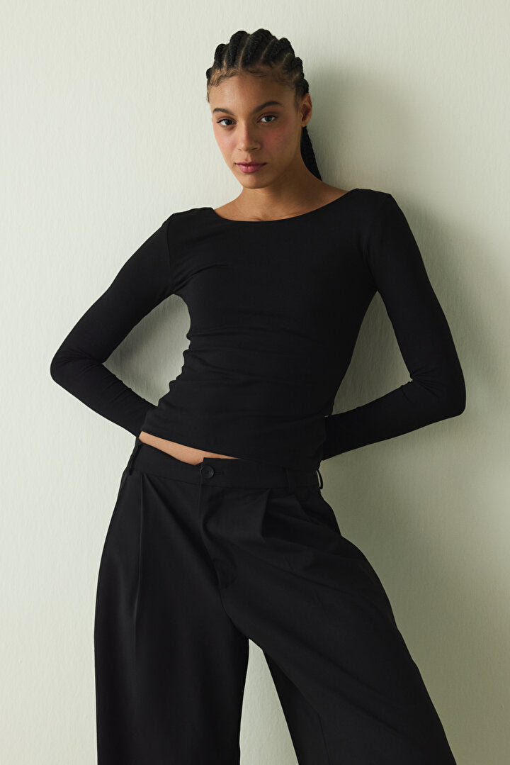 Cupsecret Kendinden Pedli Siyah Bisiklet Yaka Uzun Kollu Slim Fit Üst