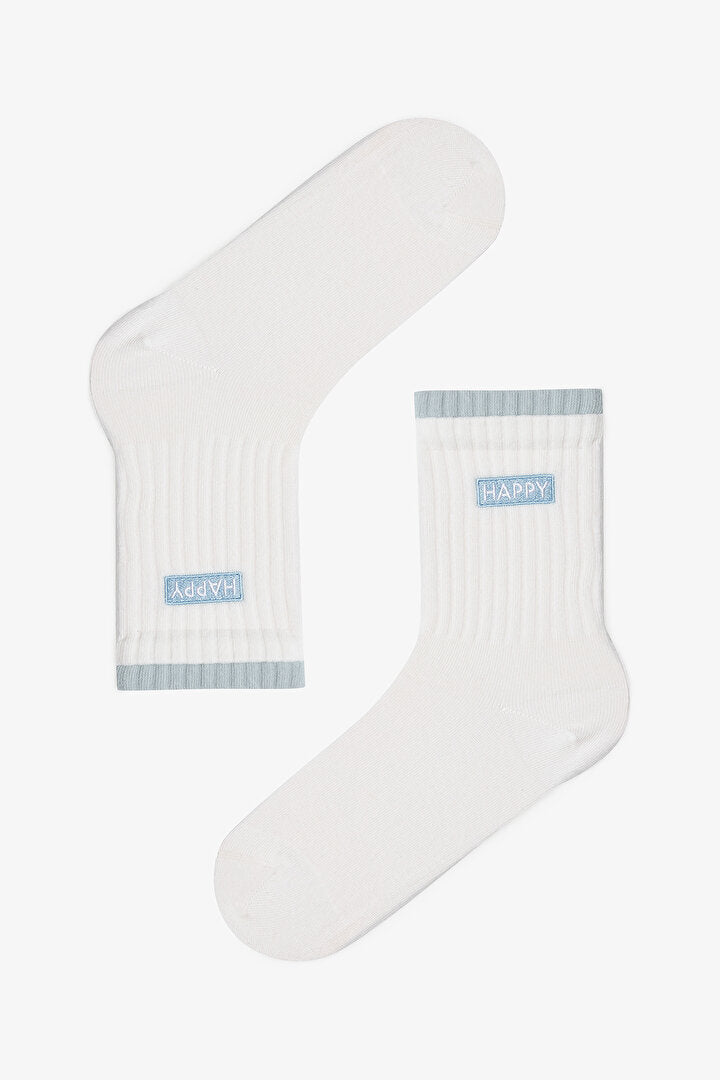 2 Çift Pamuklu Happy Dokuma Etiketli Soket Çorap Phsstw0s25sk-bmv - Beyaz - Mavi - Penti