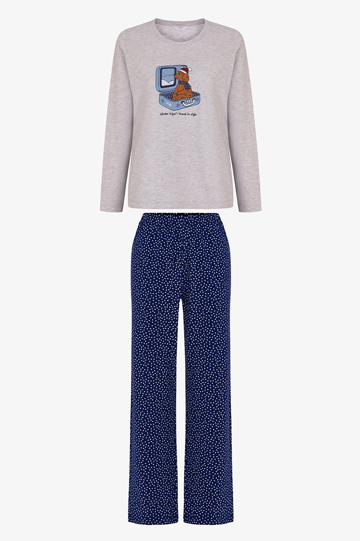 Gri Melanj Winter Trip Noel Desenli Uzun Kollu Pantolon Pijama Takımı
