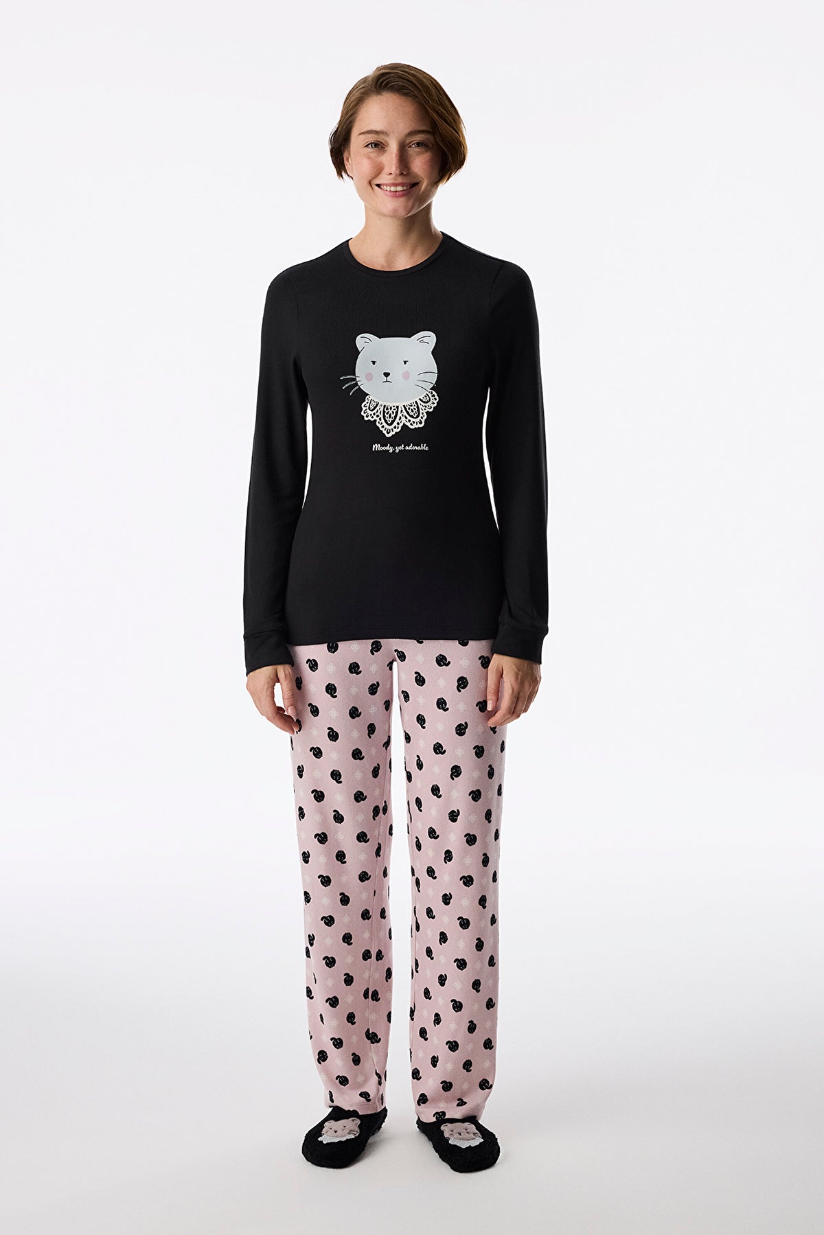 Siyah Moody Uzun Kollu Tişört Pijama Üstü