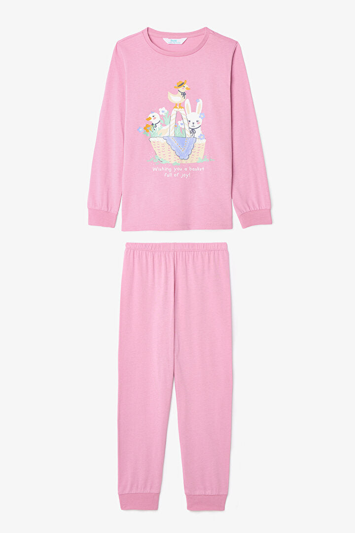 Kız Çocuk Furry Bunny Tavşan Baskılı Pamuklu Uzun Kollu 2'li Pijama Takımı