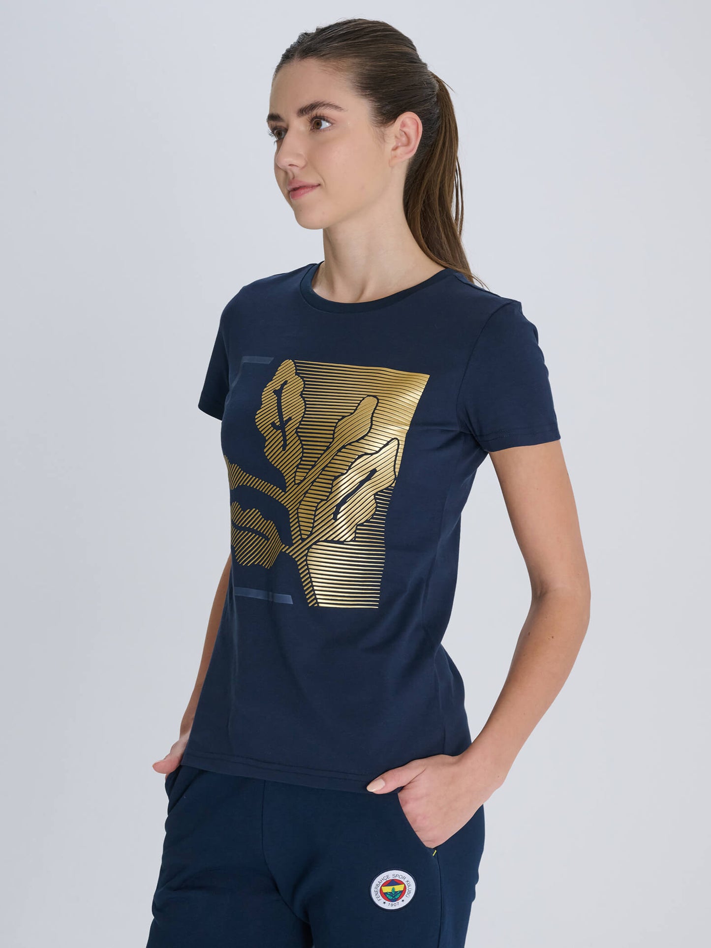 Fenerbahçe Lacivert Tribün Palamut Varak Baskılı Kadın Tshirt