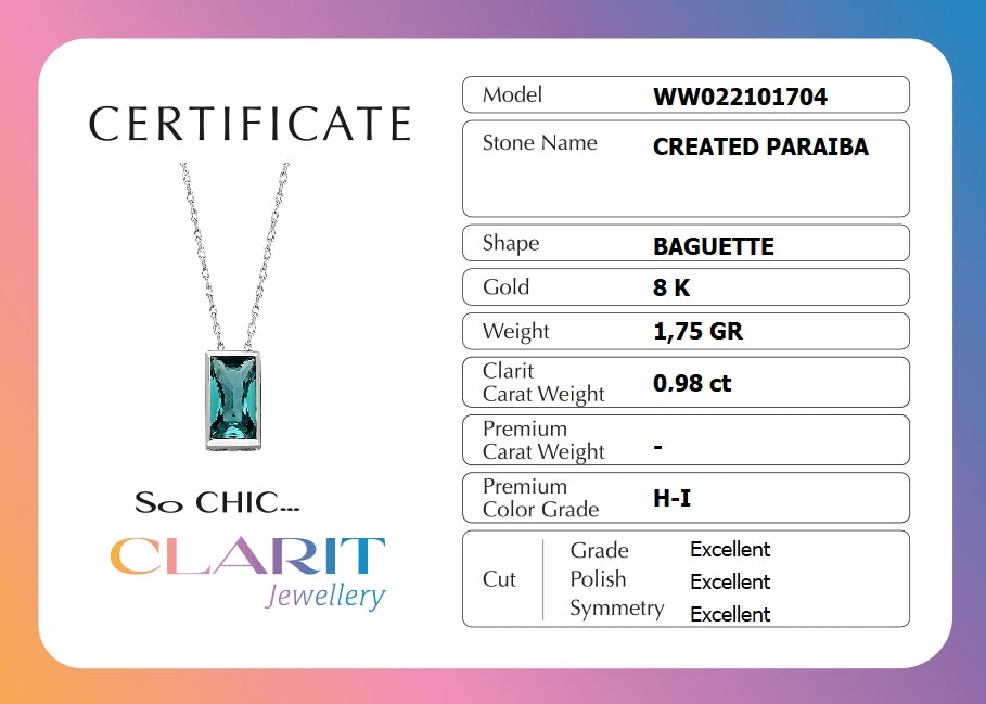 Clarit Serisi Created Paraiba Taşlı 8 Ayar Beyaz Altın Baget Kolye Ww02210170442
