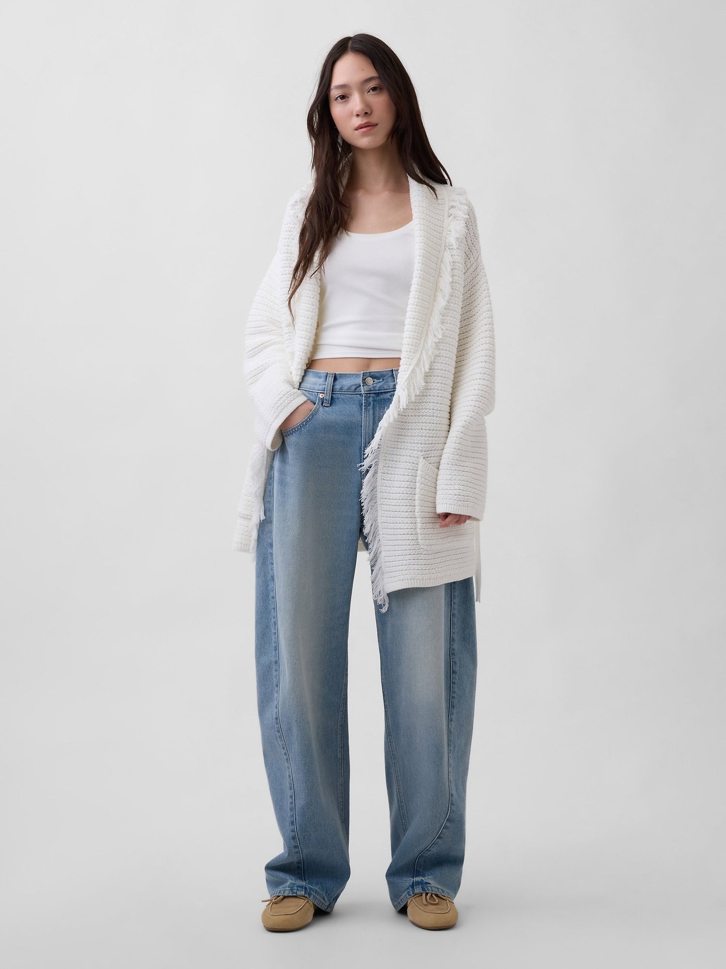 Beyaz 100% Pamuk Oversized Fringe Shawl Hırka