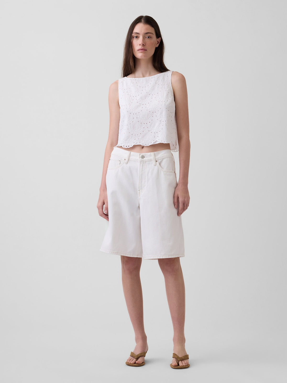 Beyaz Eyelet Crop Shell Askılı Bluz