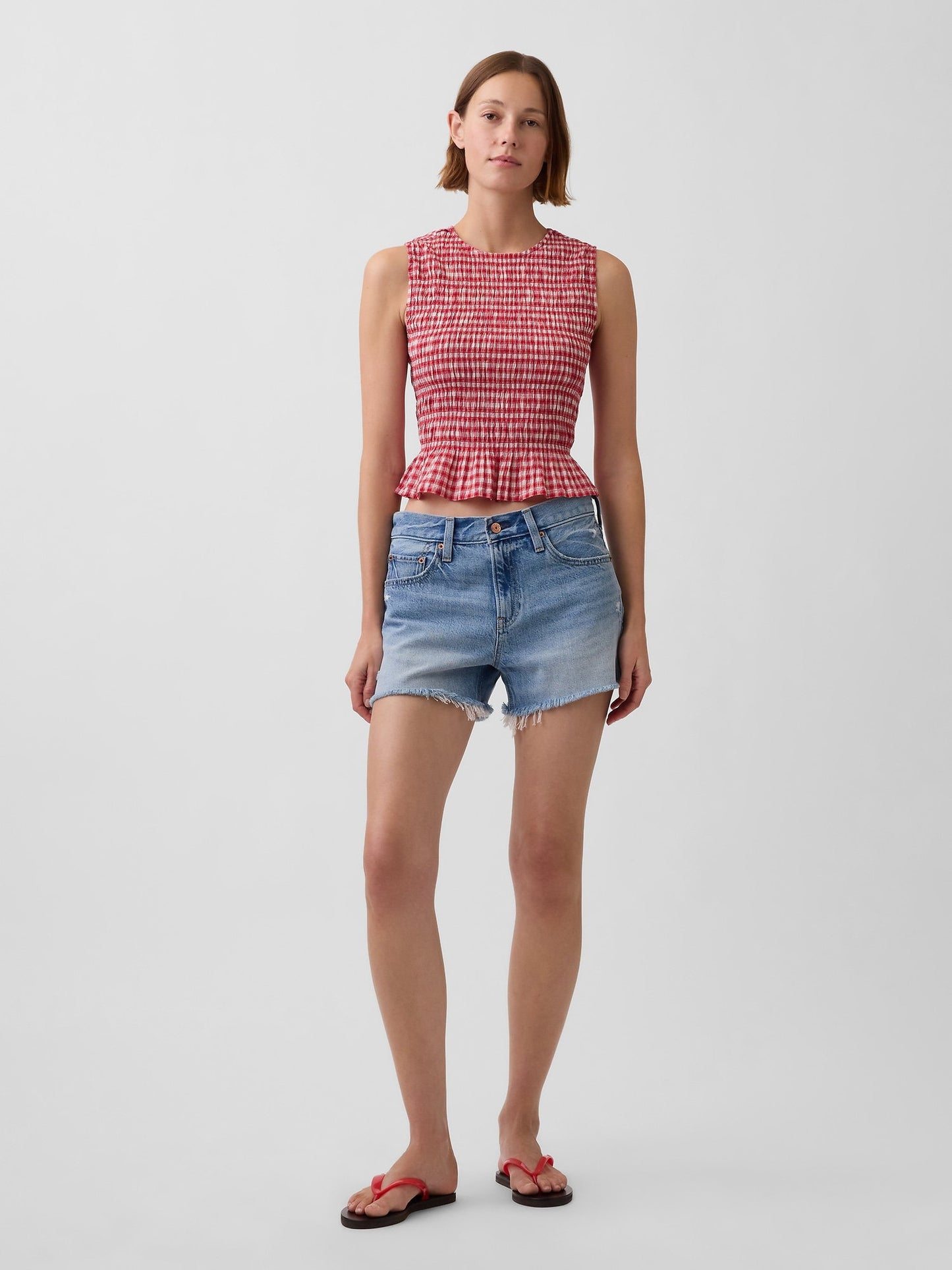 Kırmızı Smocked Gingham Crop Peplum Üst