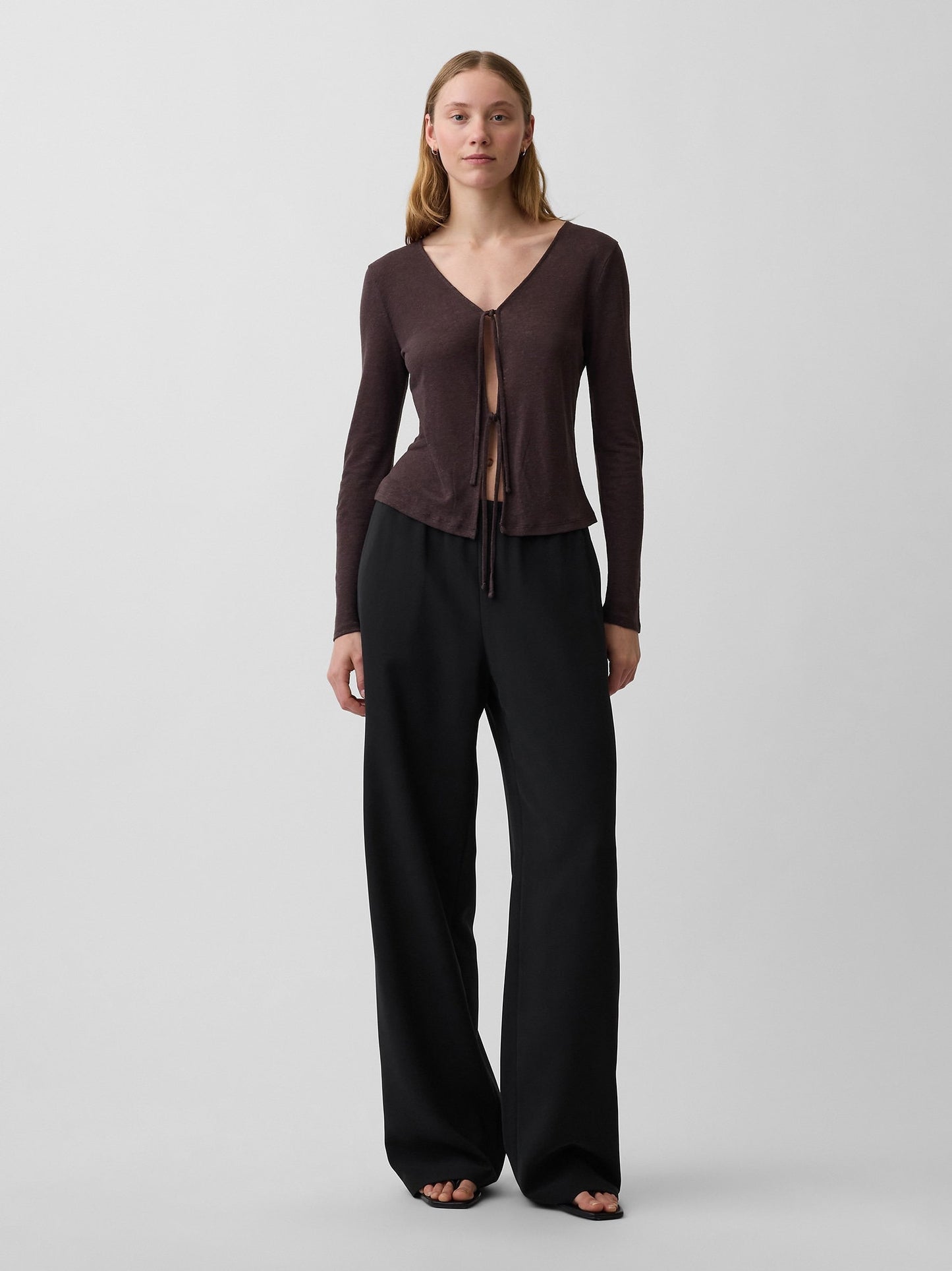 Kahverengi Keten Karışımlı Ipli Hırka