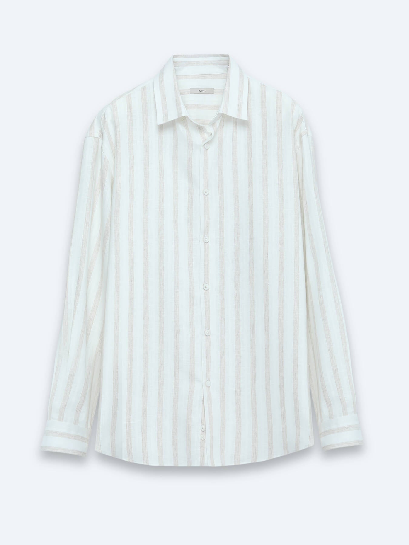 Açık Bej Çizgili Oversize Fit Uzun Dokuma Casual Keten Karışımlı Gömlek
