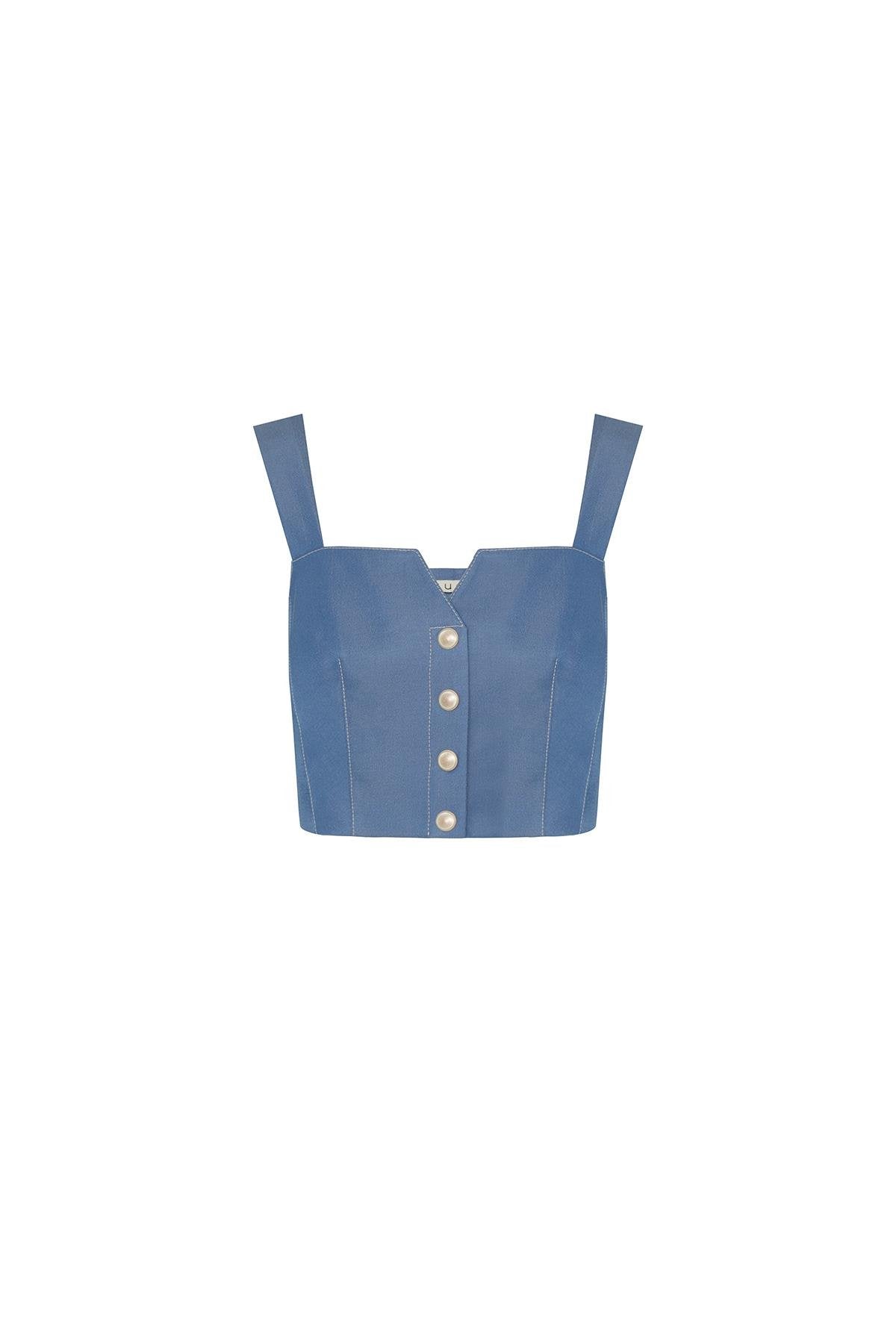 Askılı Denim Efektli Indigo Büstiyer