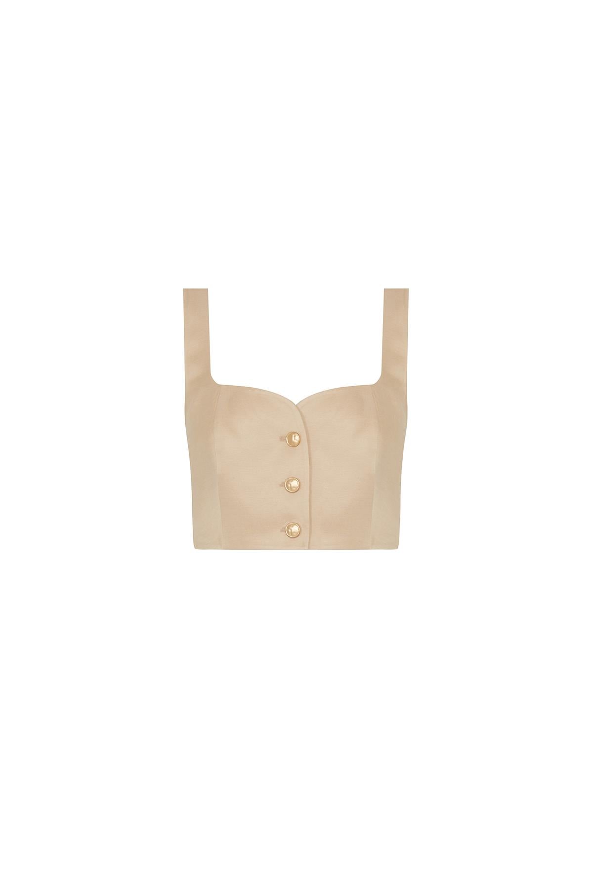 Askılı Gold Düğme Detaylı Bej Crop Top