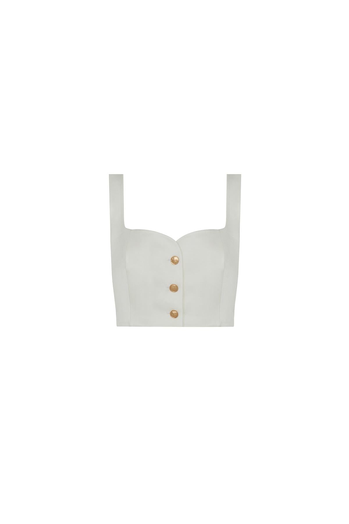 Askılı Gold Düğme Detaylı Ekru Crop Top