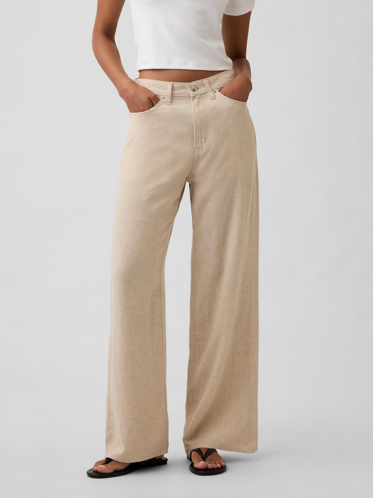 Bej High Rise Keten Karışımı Wide-leg Pantolon