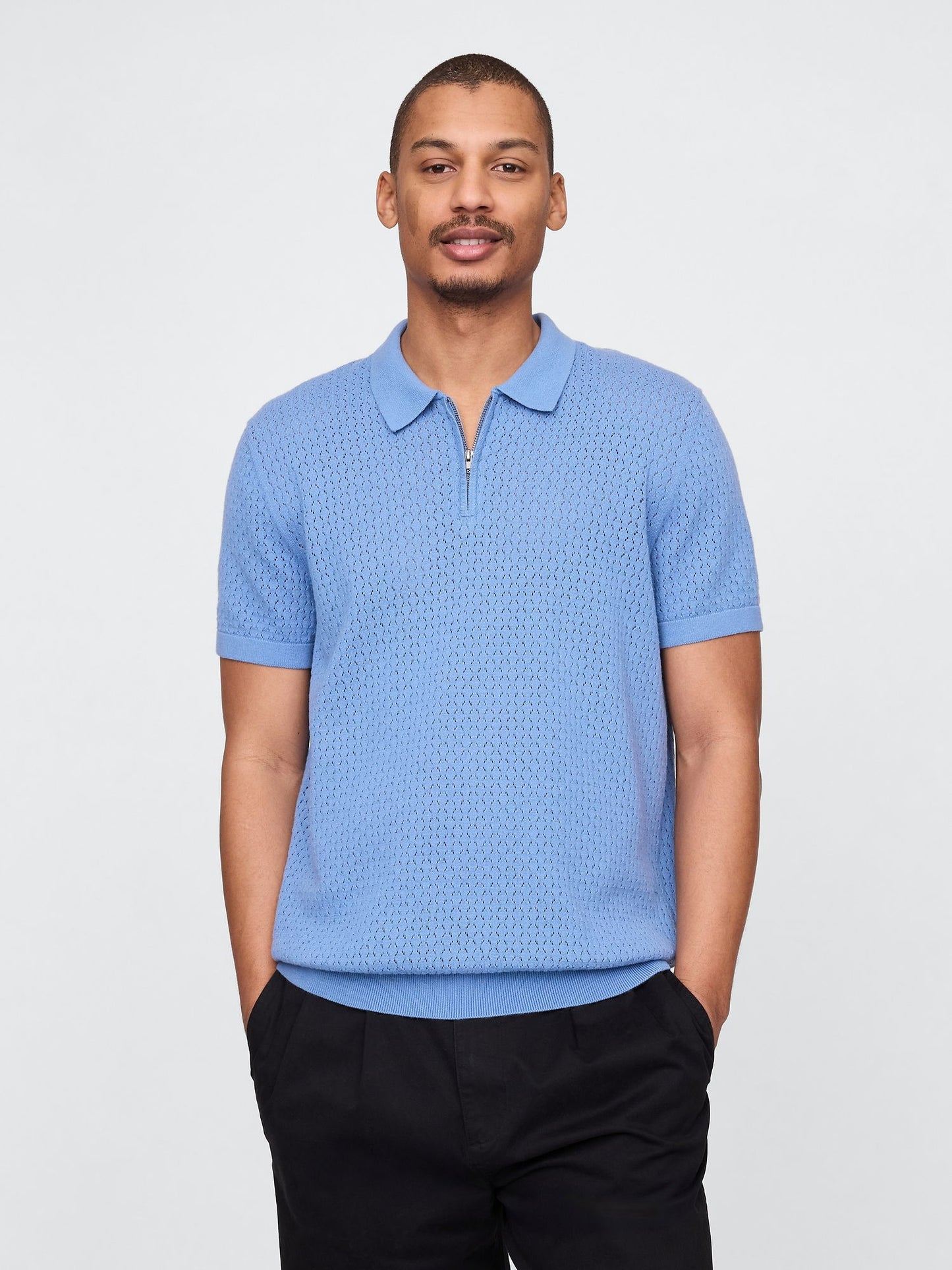 Mavi Kroşe Örgü Polo Yaka T-Shirt