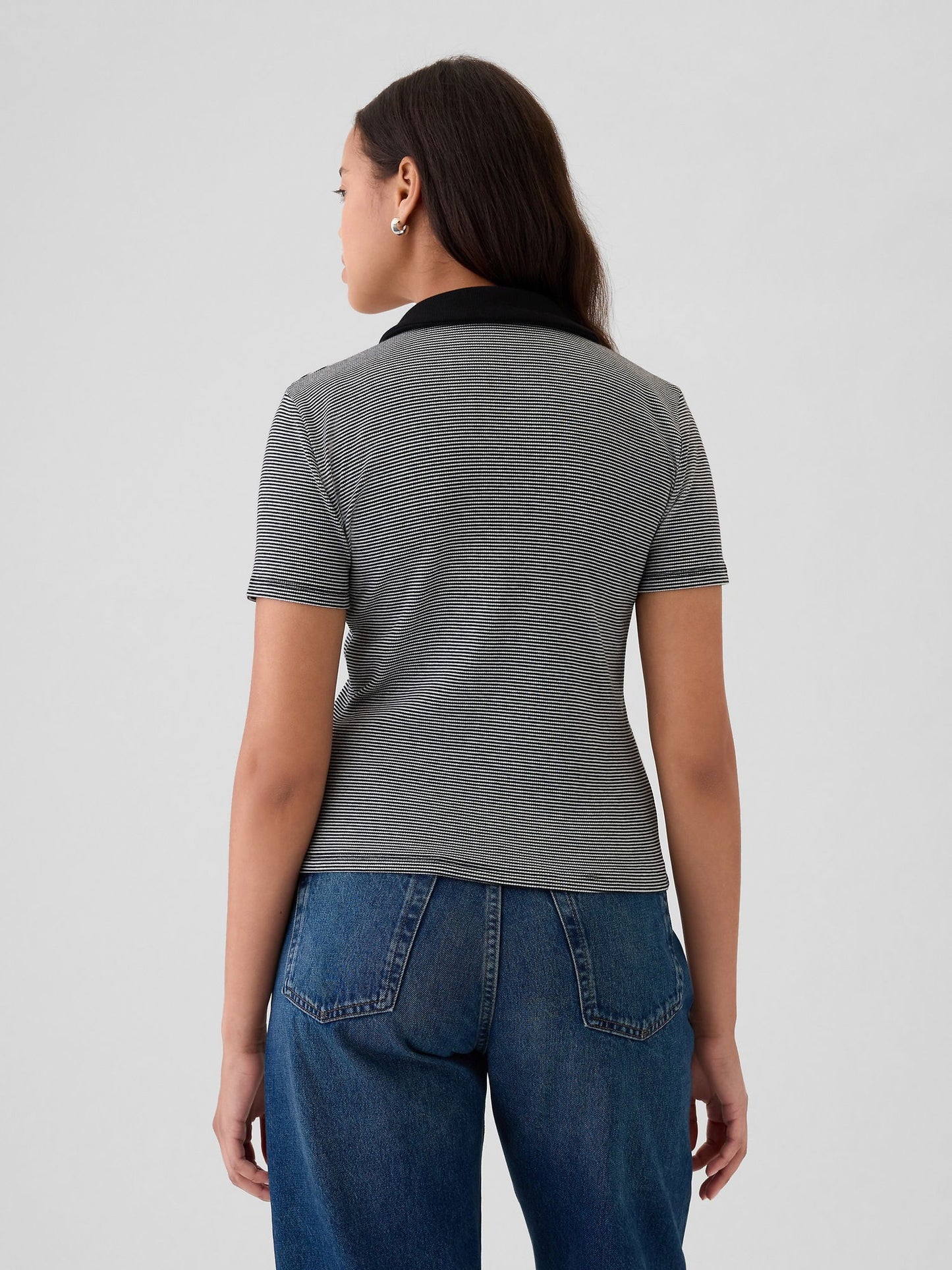 Siyah Modern Rib Düğmeli Polo Yaka T-shirt