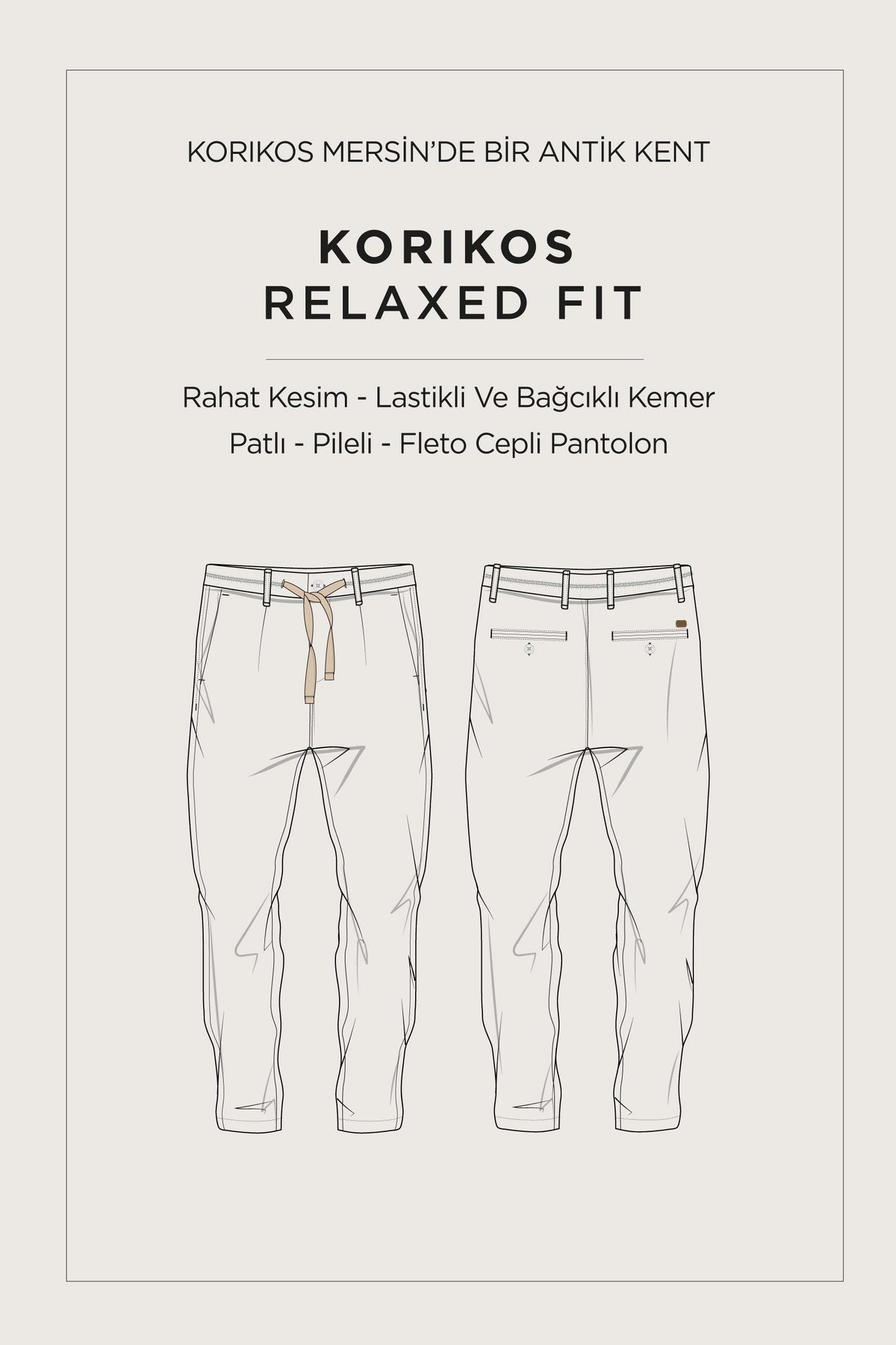 Bej Beli Bağcıklı Keten Karışımlı Chino Pantolon