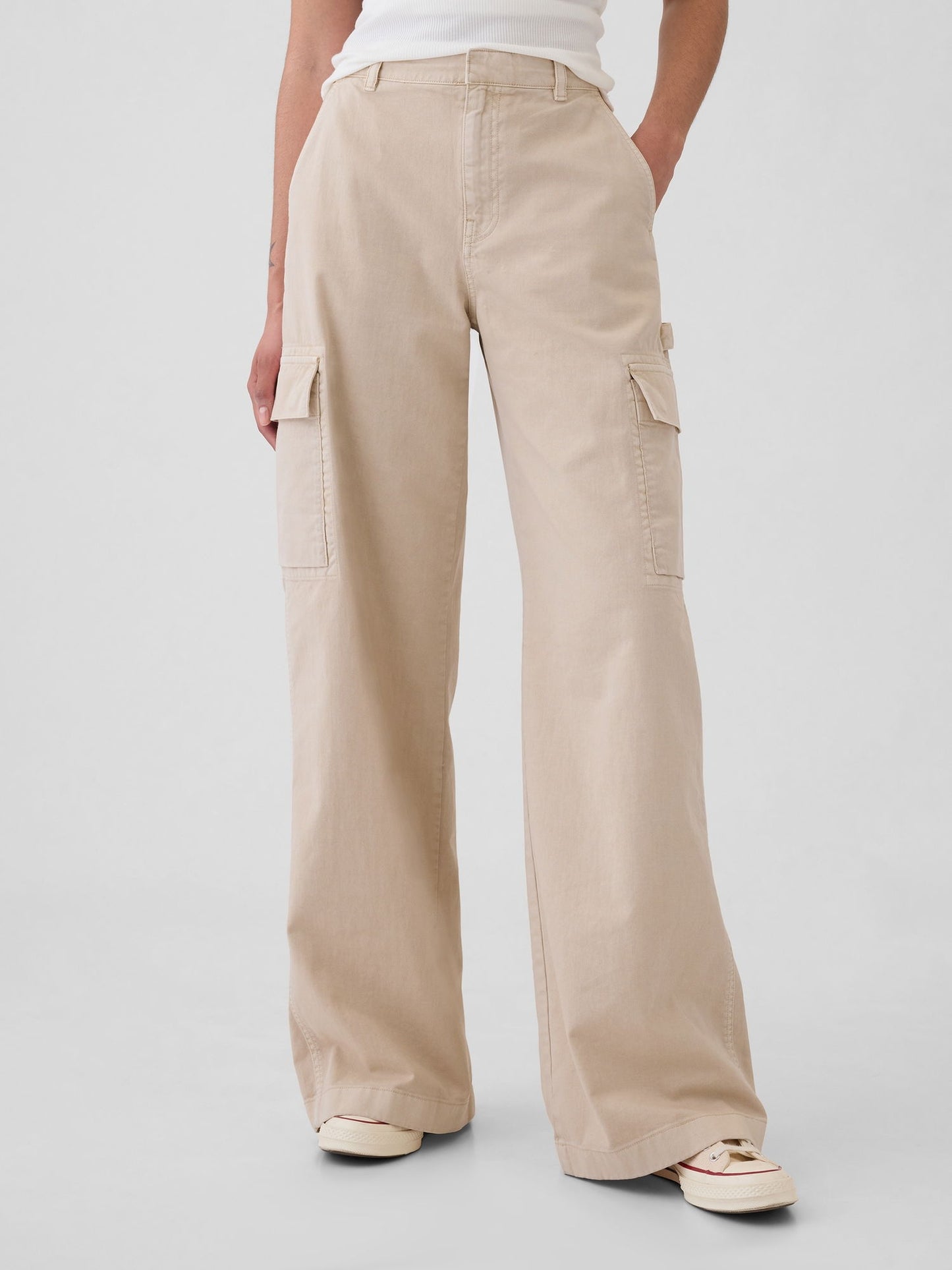 Bej Low Rise Baggy Kargo Khaki Pantolon
