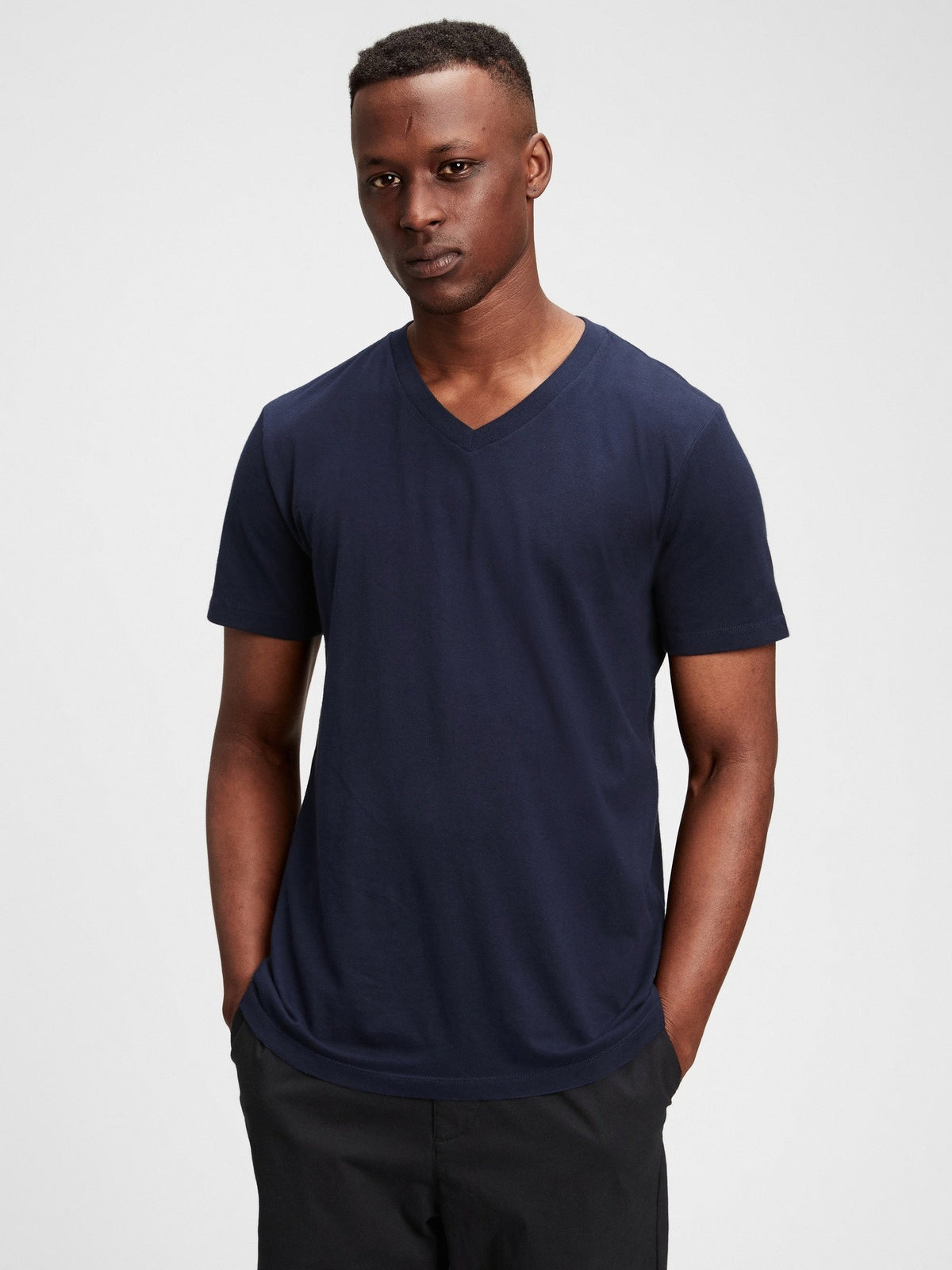Lacivert Pamuklu Jersey V Yaka T-shirt
