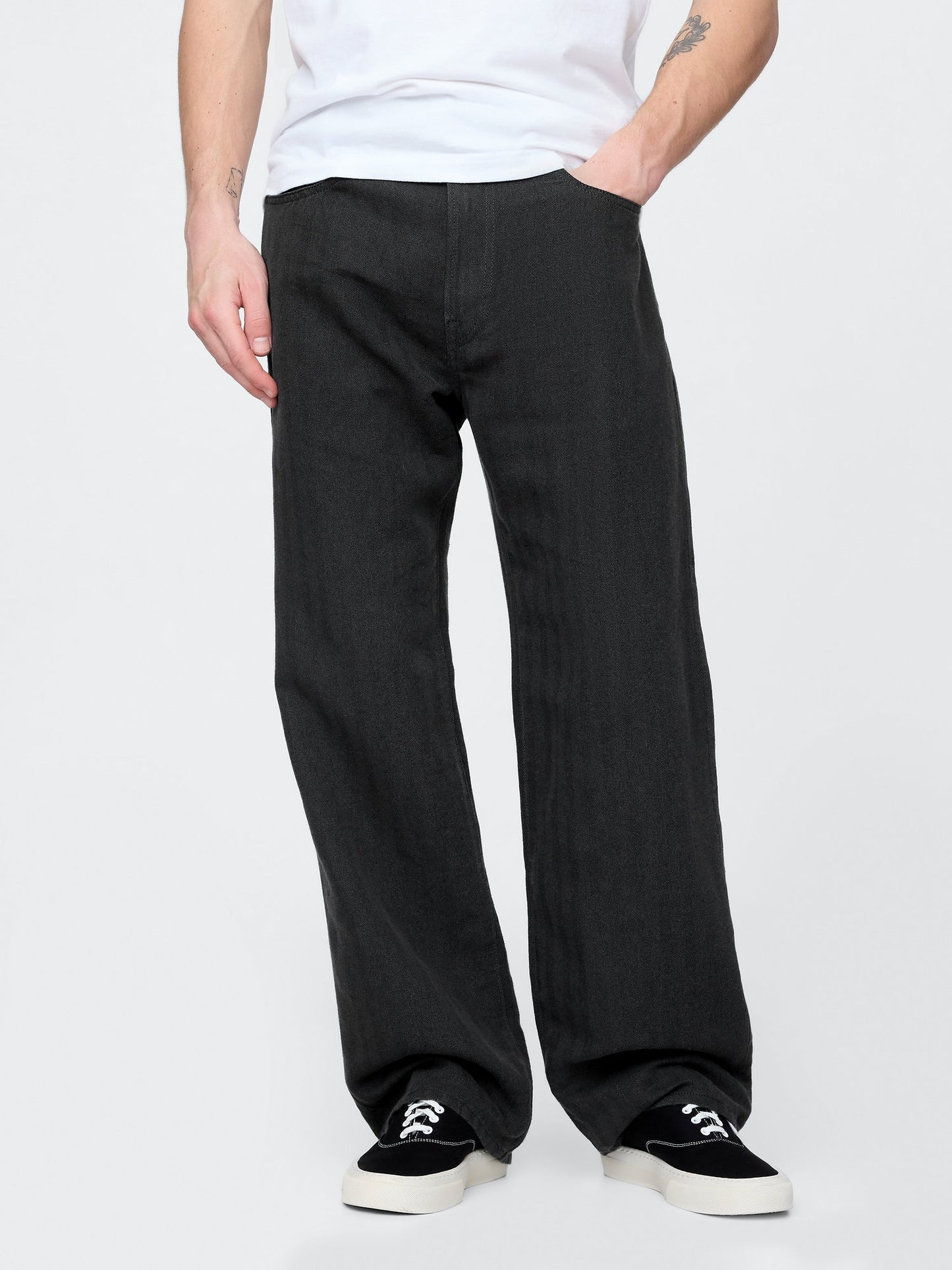 Siyah Keten Karışımı 90's Loose Herringbone Pantolon