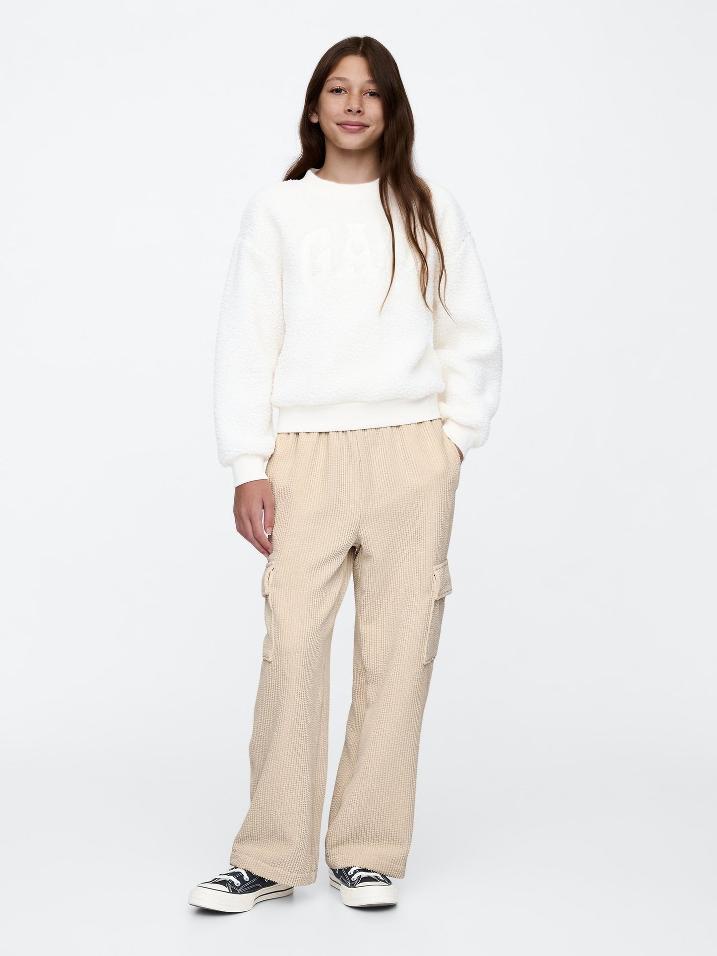 Bej Wide-leg Kadife Pull-on Kargo Pantolon