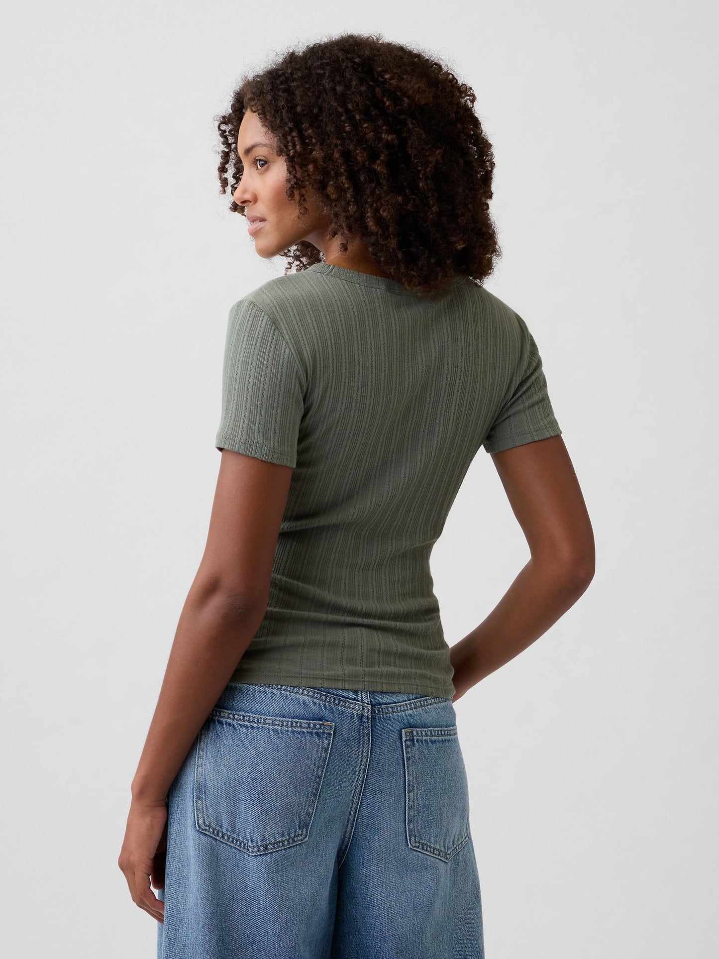 Haki Fitilli Pointelle Crewneck T-shirt