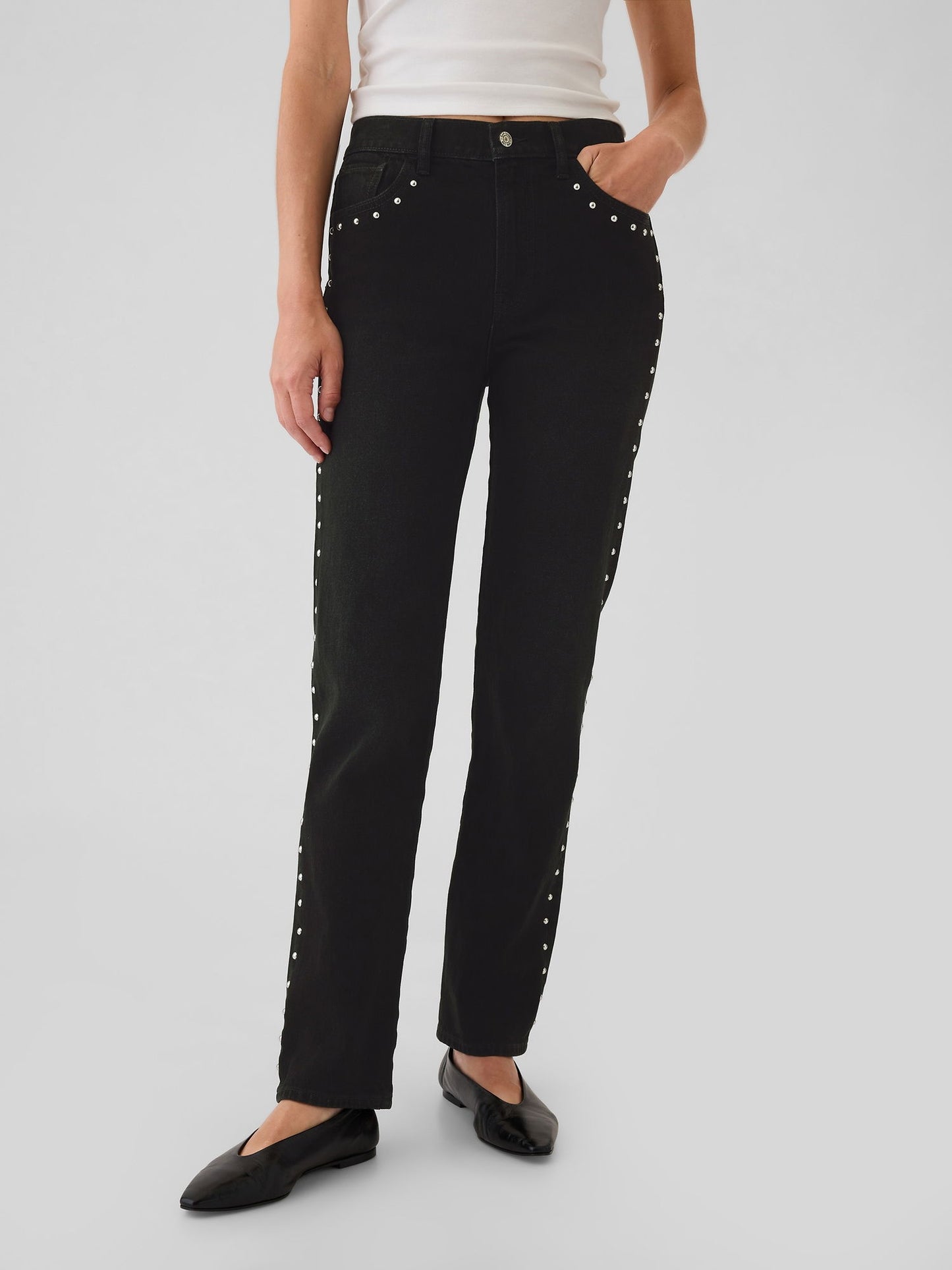 Siyah High Rise Studded '90s Straight Jean Pantolon