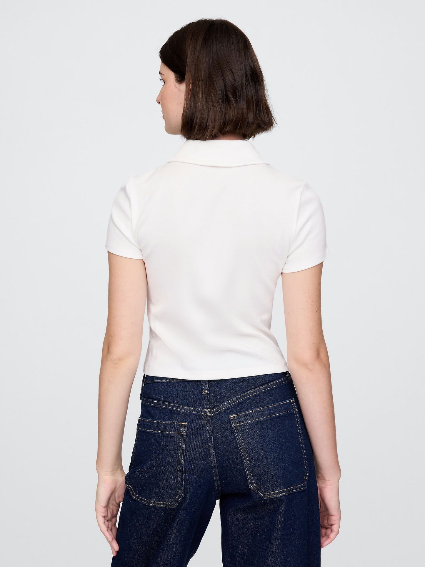 Beyaz Modern Fitilli Crop Polo T-shirt