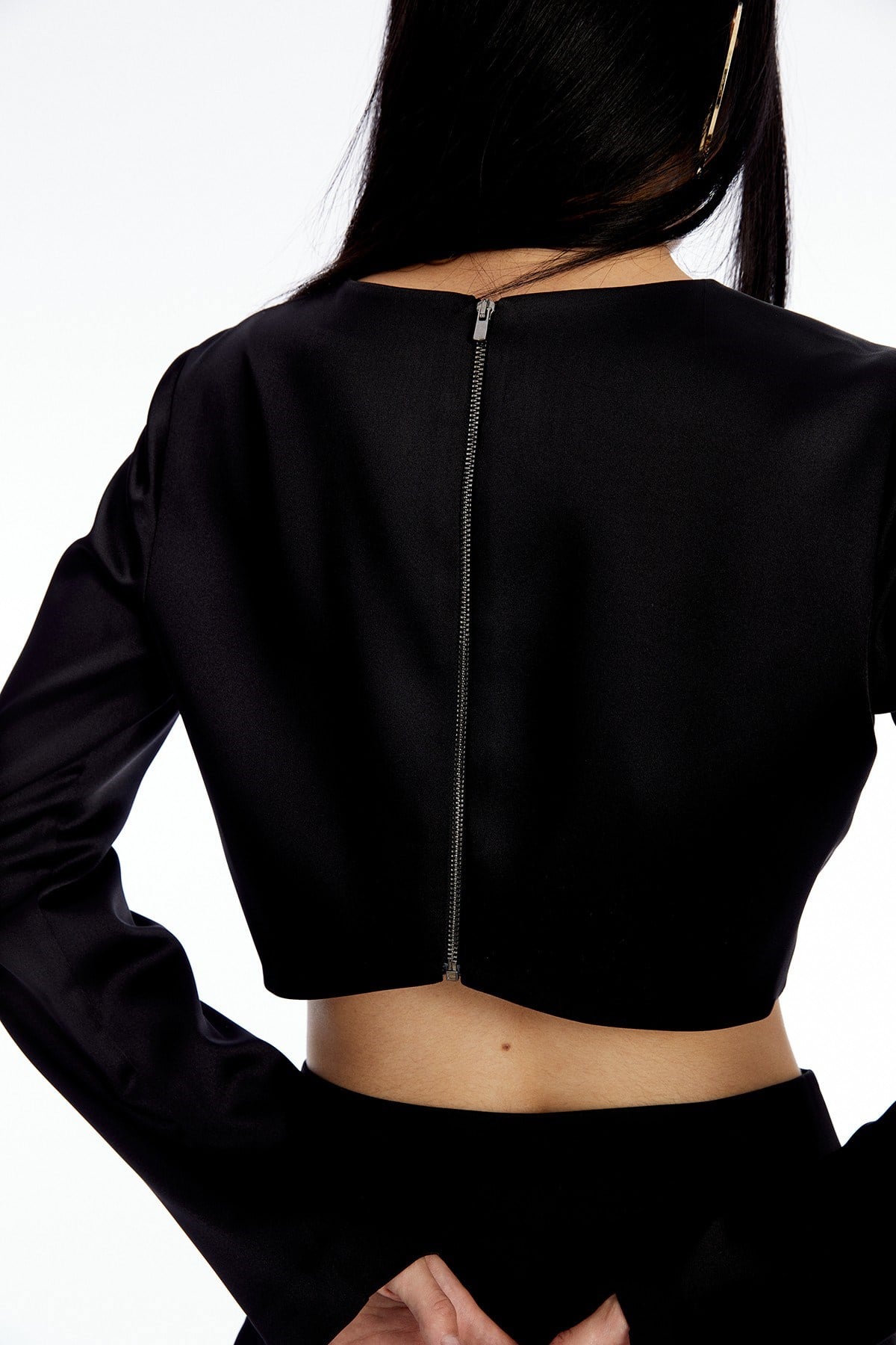 Crop Siyah Saten Bluz