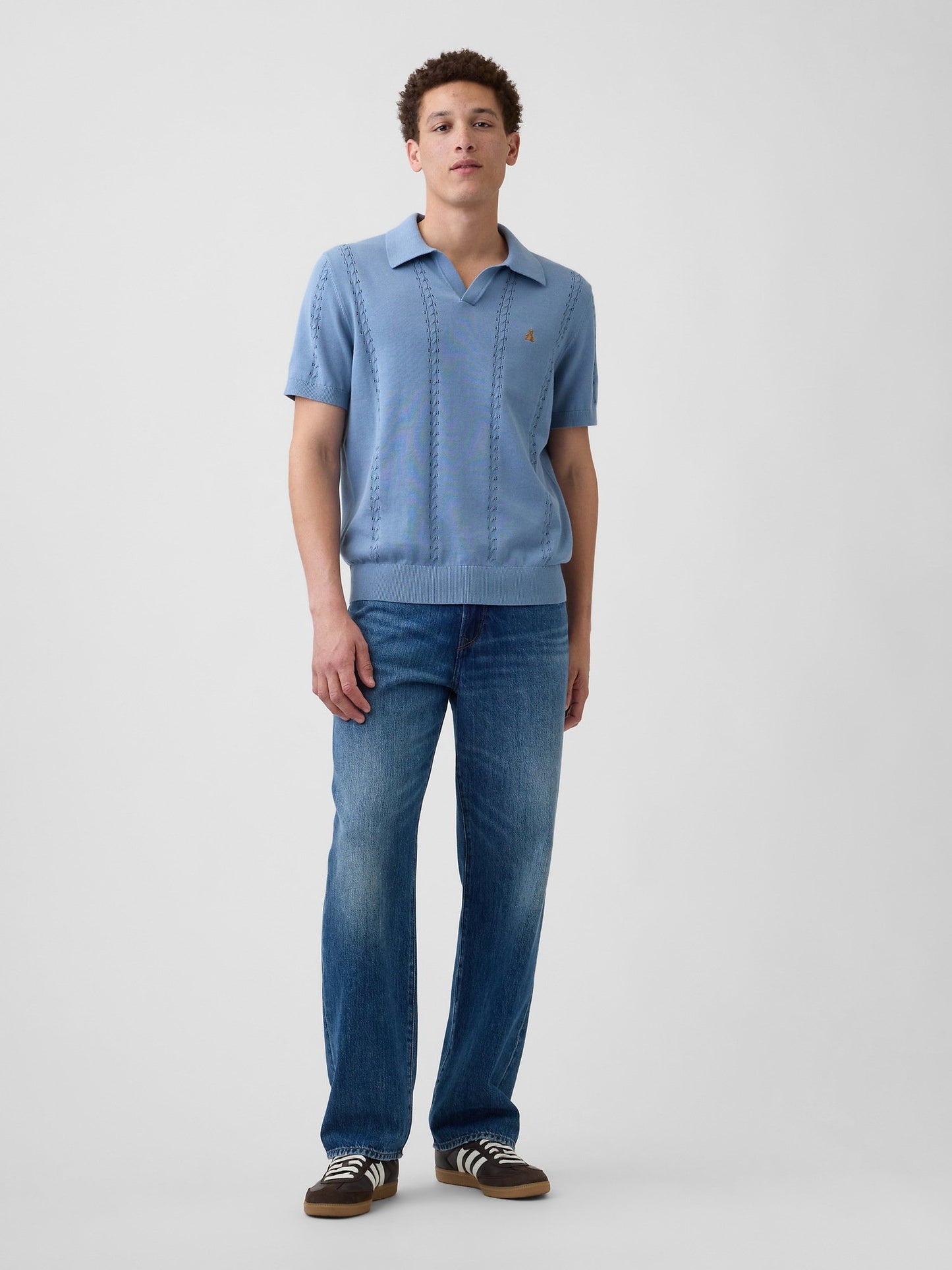 Açık Mavi Relaxed Johnny Yaka Pointelle Triko Polo T-shirt