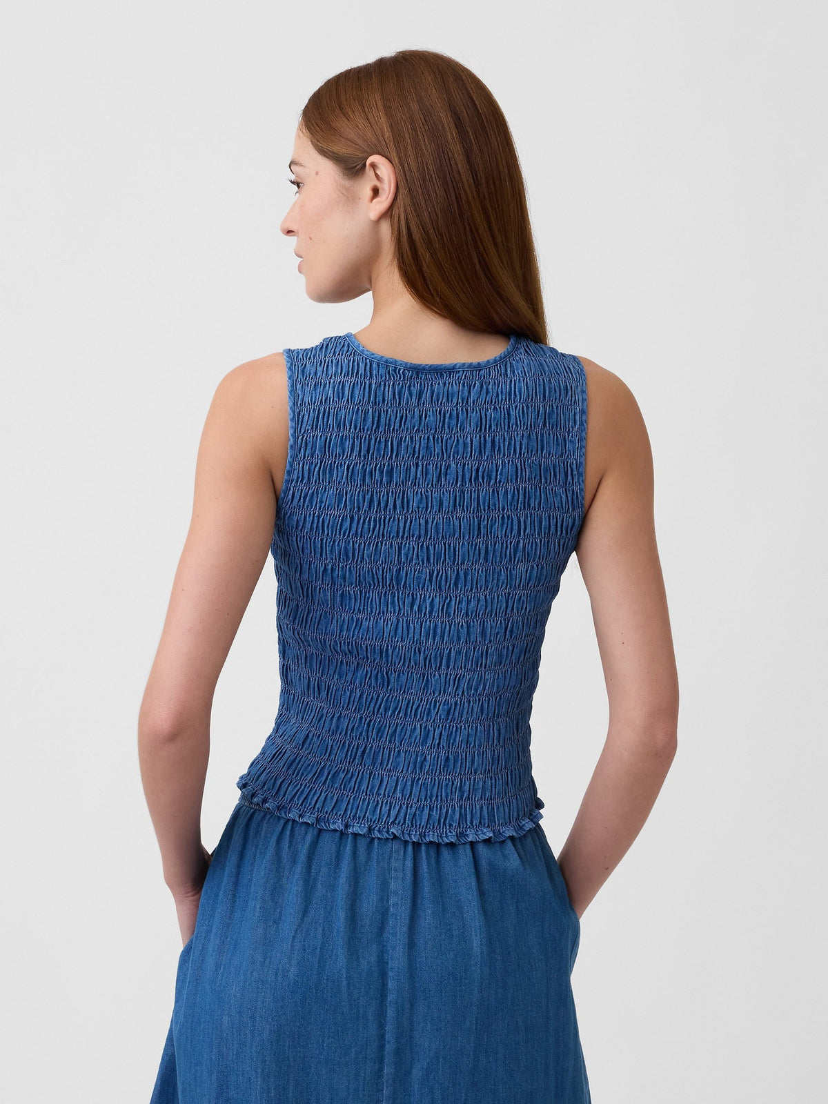 Açık Mavi Smocked Kolsuz Boatneck Bluz