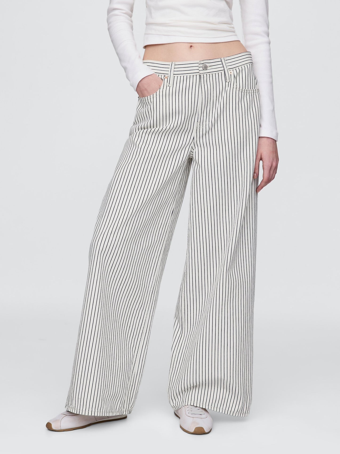 Kırık Beyaz Mid Rise Denim Çizgili Baggy Jean Pantolon