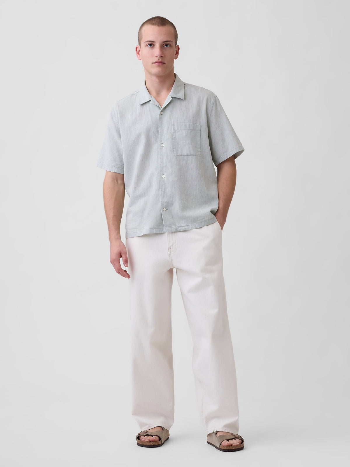 Açık Yeşil Keten Karışımlı Relaxed Gömlek