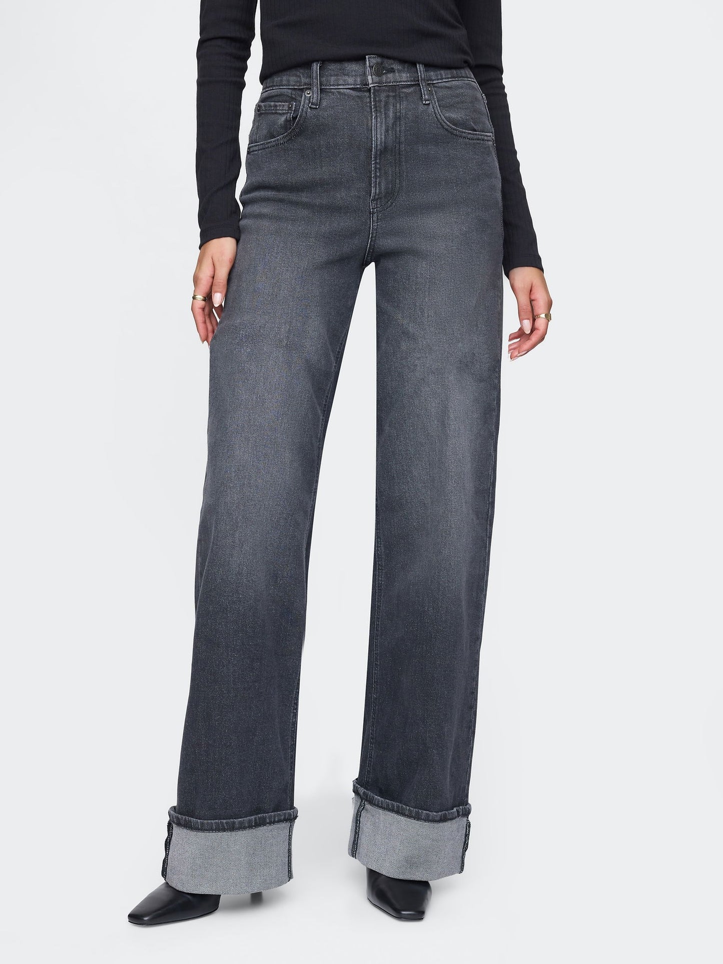 Siyah High Rise Stride Wide-leg Jean Pantolon