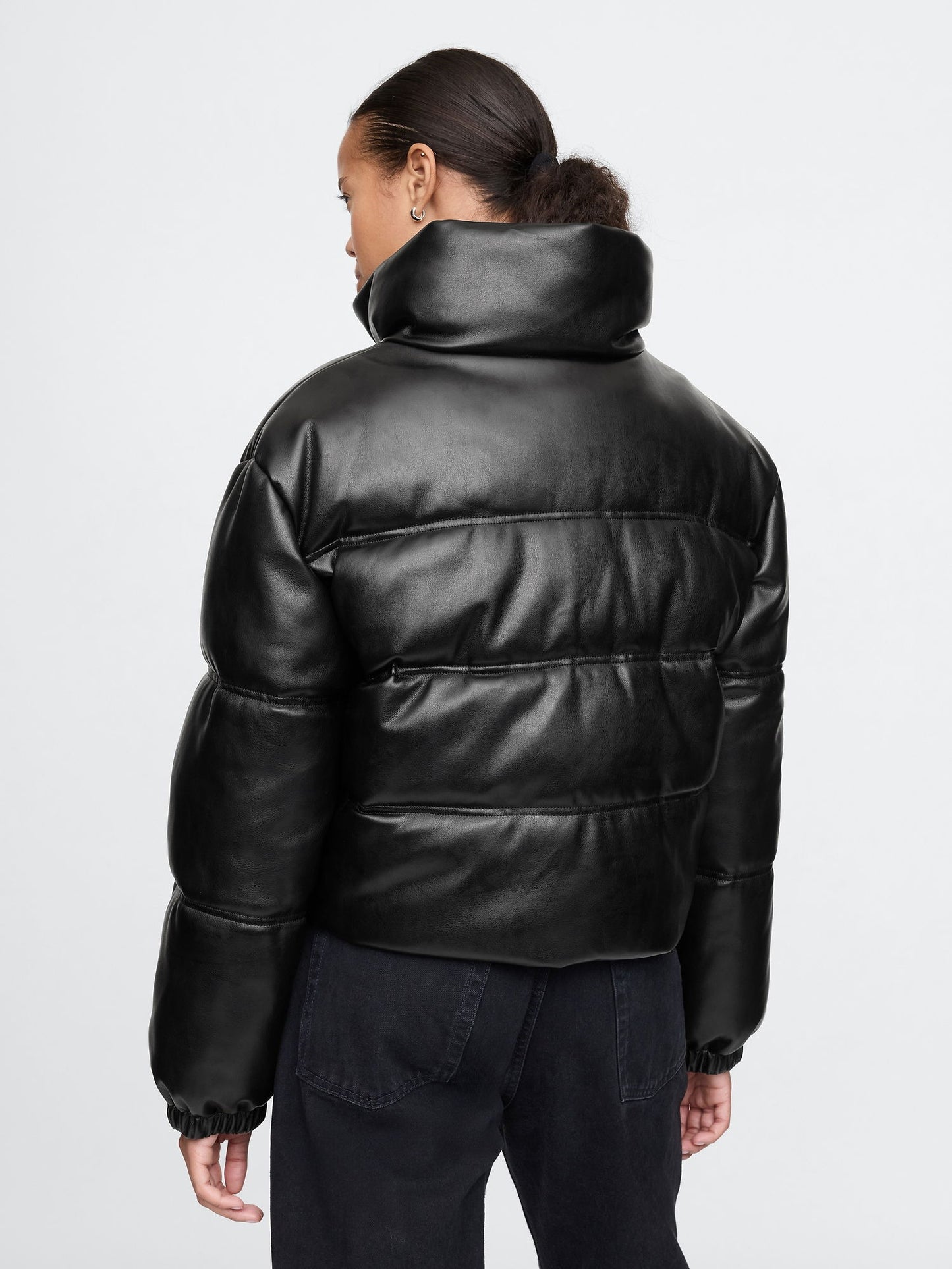 Siyah Vegan Deri Crop Puffer Şişme Mont