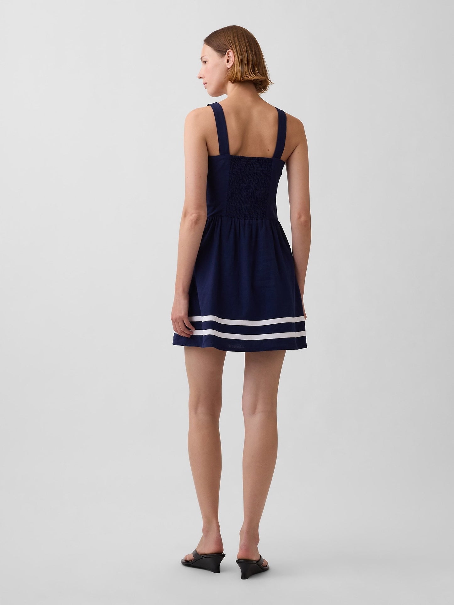 Lacivert Keten Karışımlı Drop-waist Mini Elbise