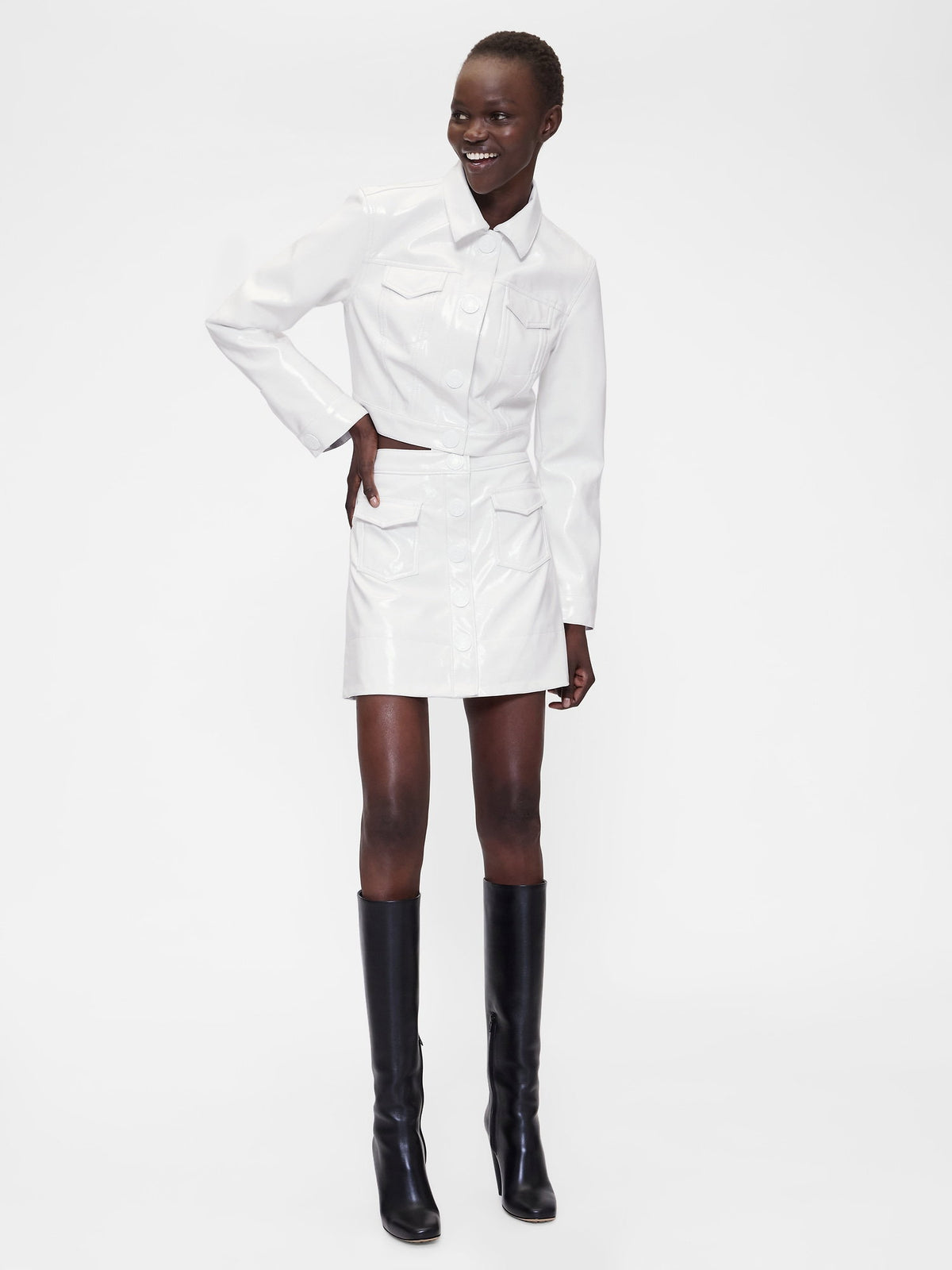 Beyaz Gapstudio Vegan Patent Suni Deri Crop Ceket