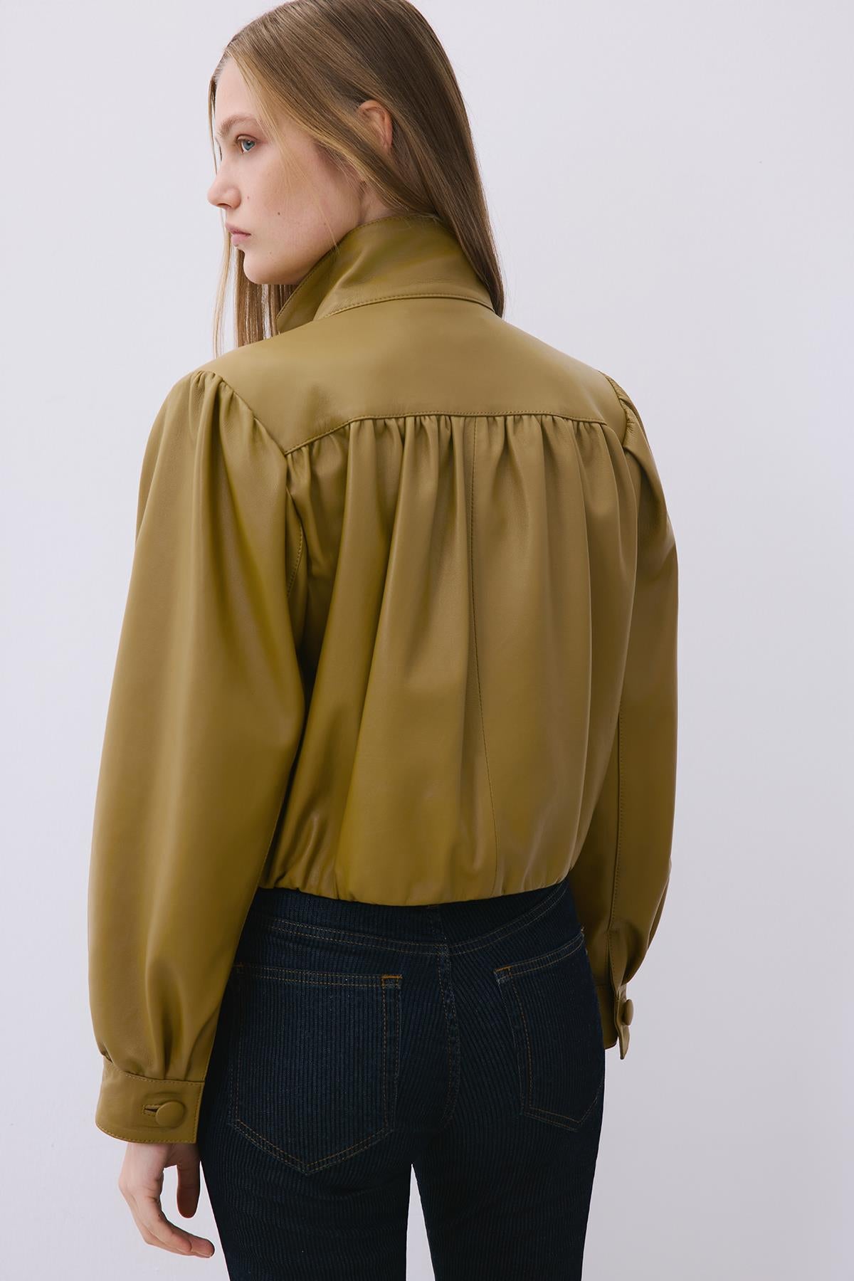 Dik Yaka Hakiki Deri Crop Olive Ceket