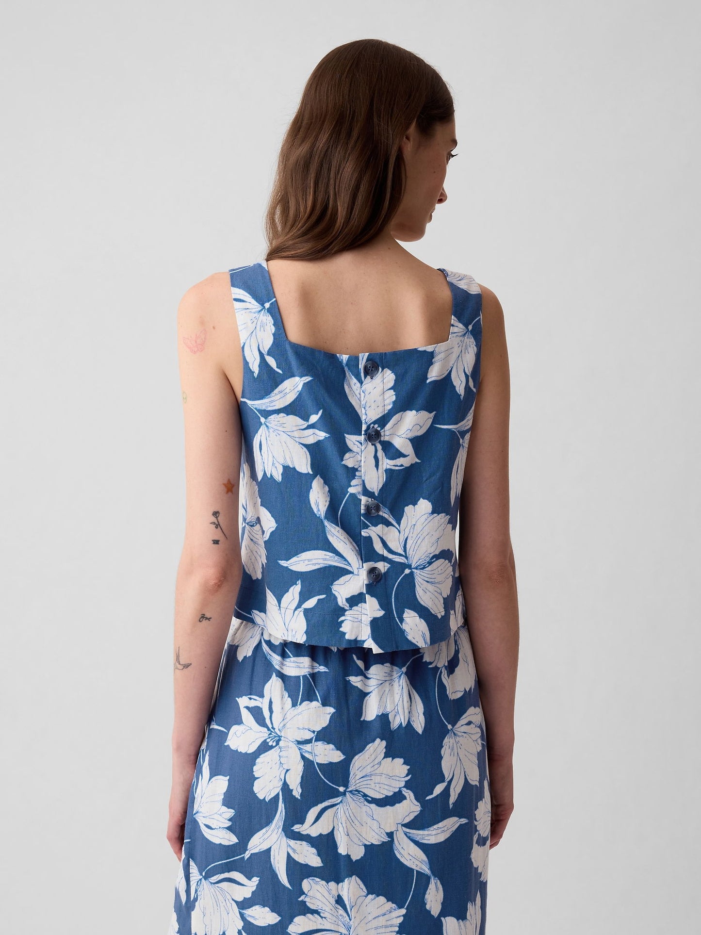 Mavi Keten Karışımlı Crop Bluz