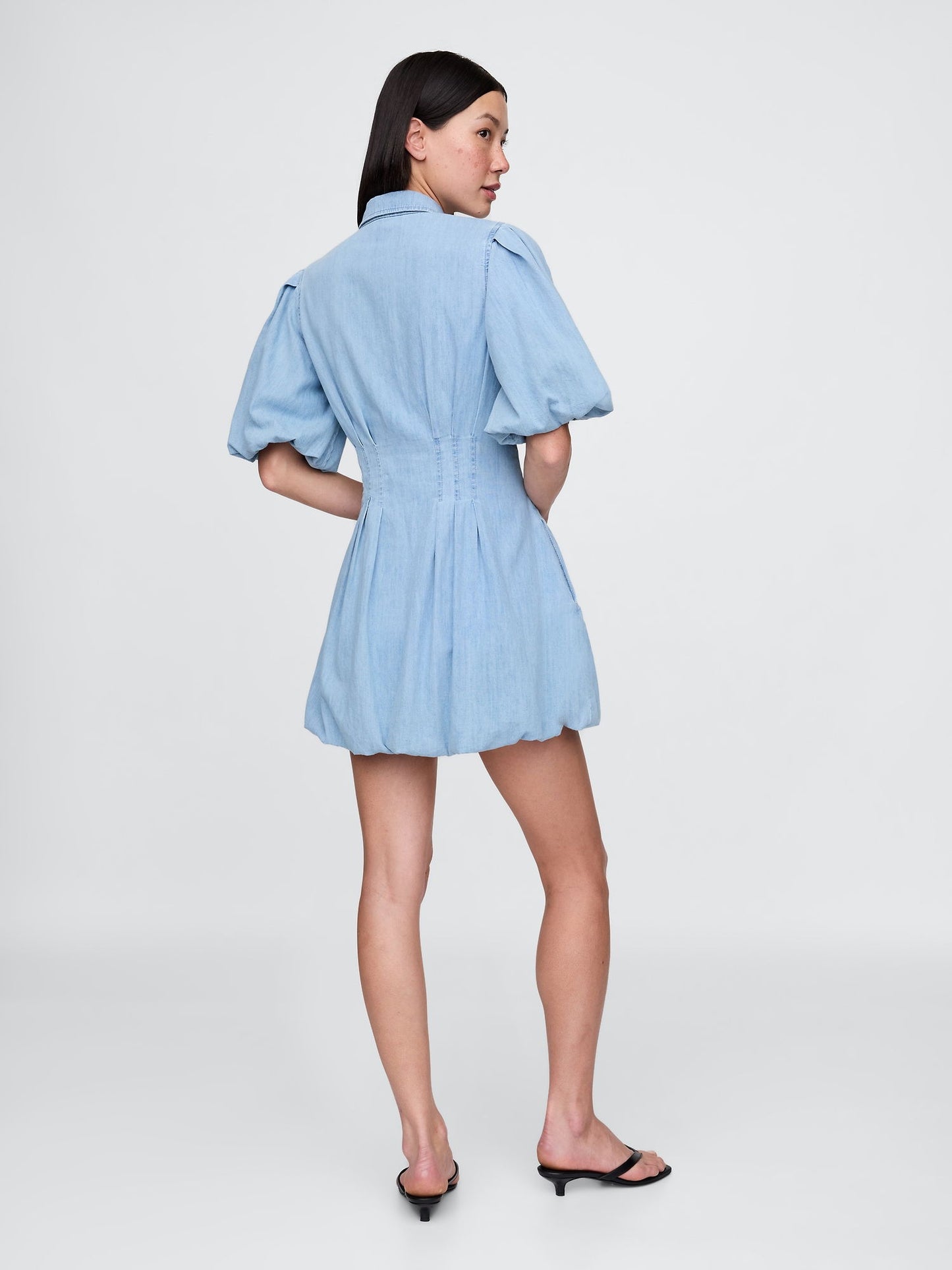 Açık Mavi Denim Bubble Mini Gömlek Elbise