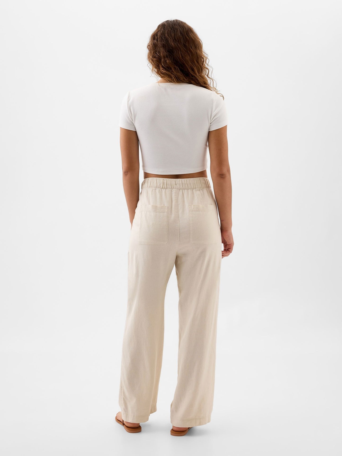 Bej Keten Karışımlı Wide-leg Pull-on Pantolon