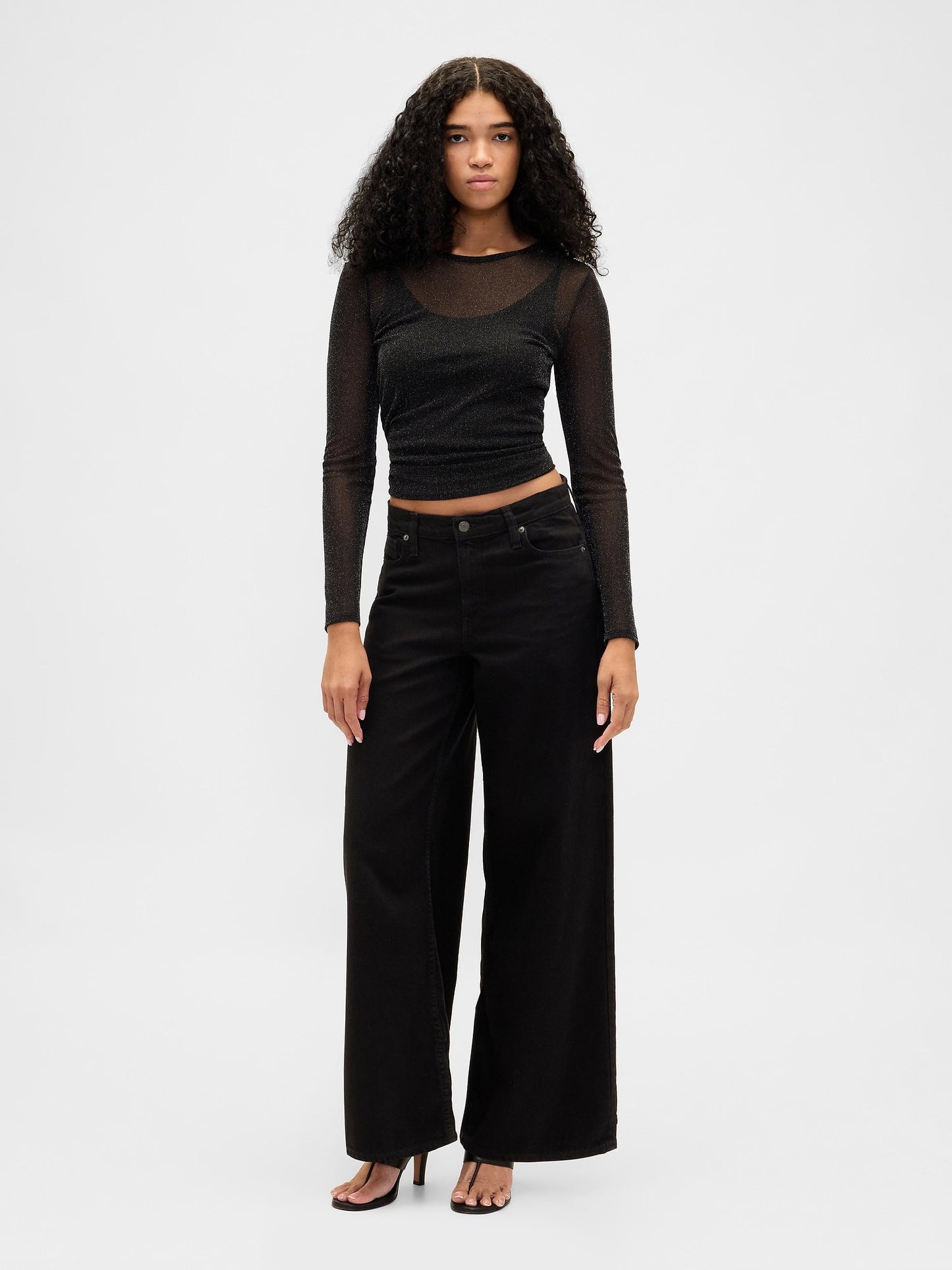 Siyah Sheer Metallic Mesh T-shirt