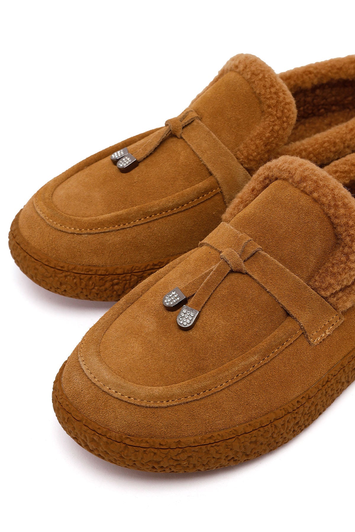Kadın Camel Tokalı Kalın Tabanlı Süet Deri Teddy Loafer