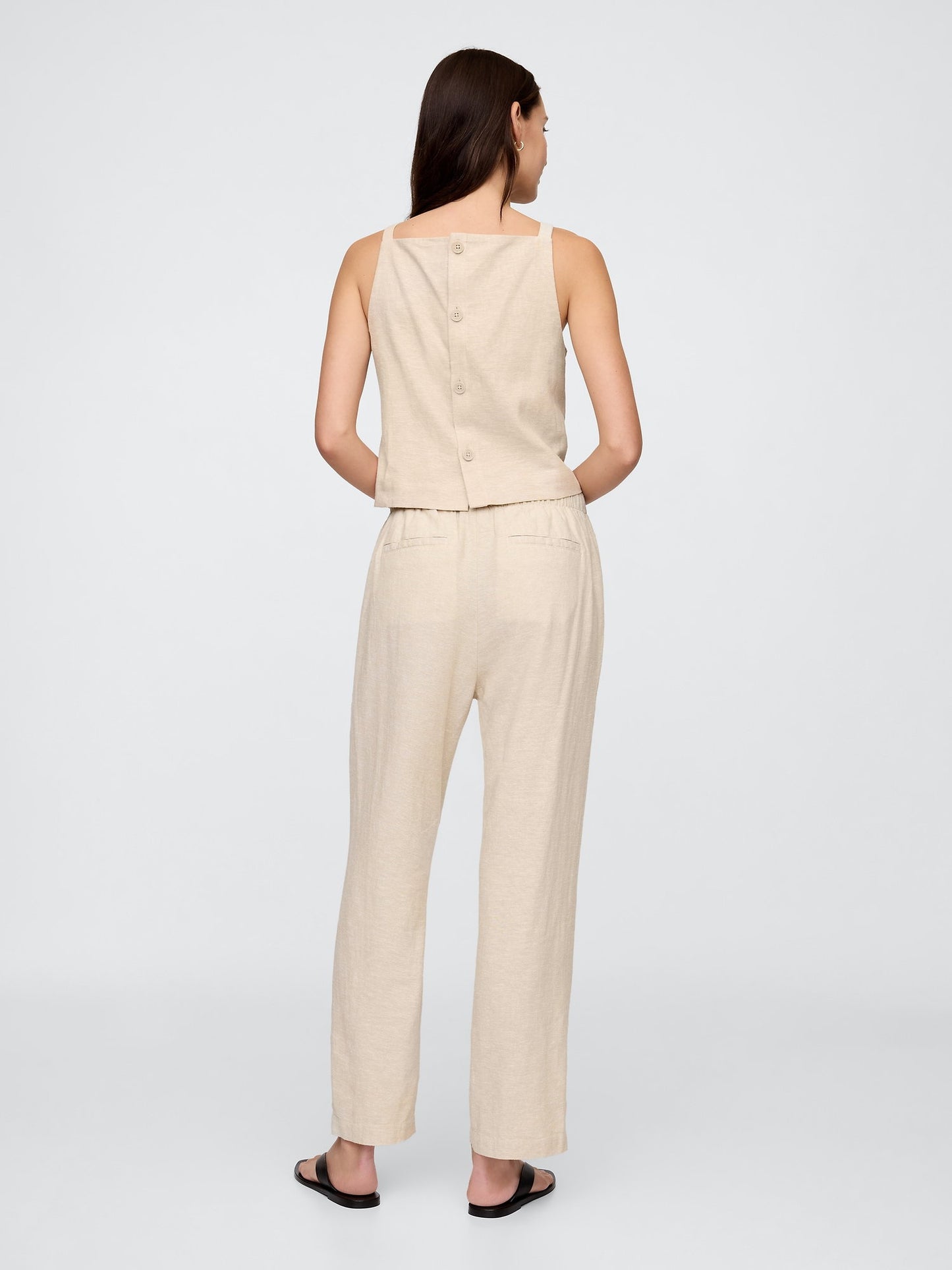Bej Mid Rise Keten Karışımlı Pull-on Pantolon